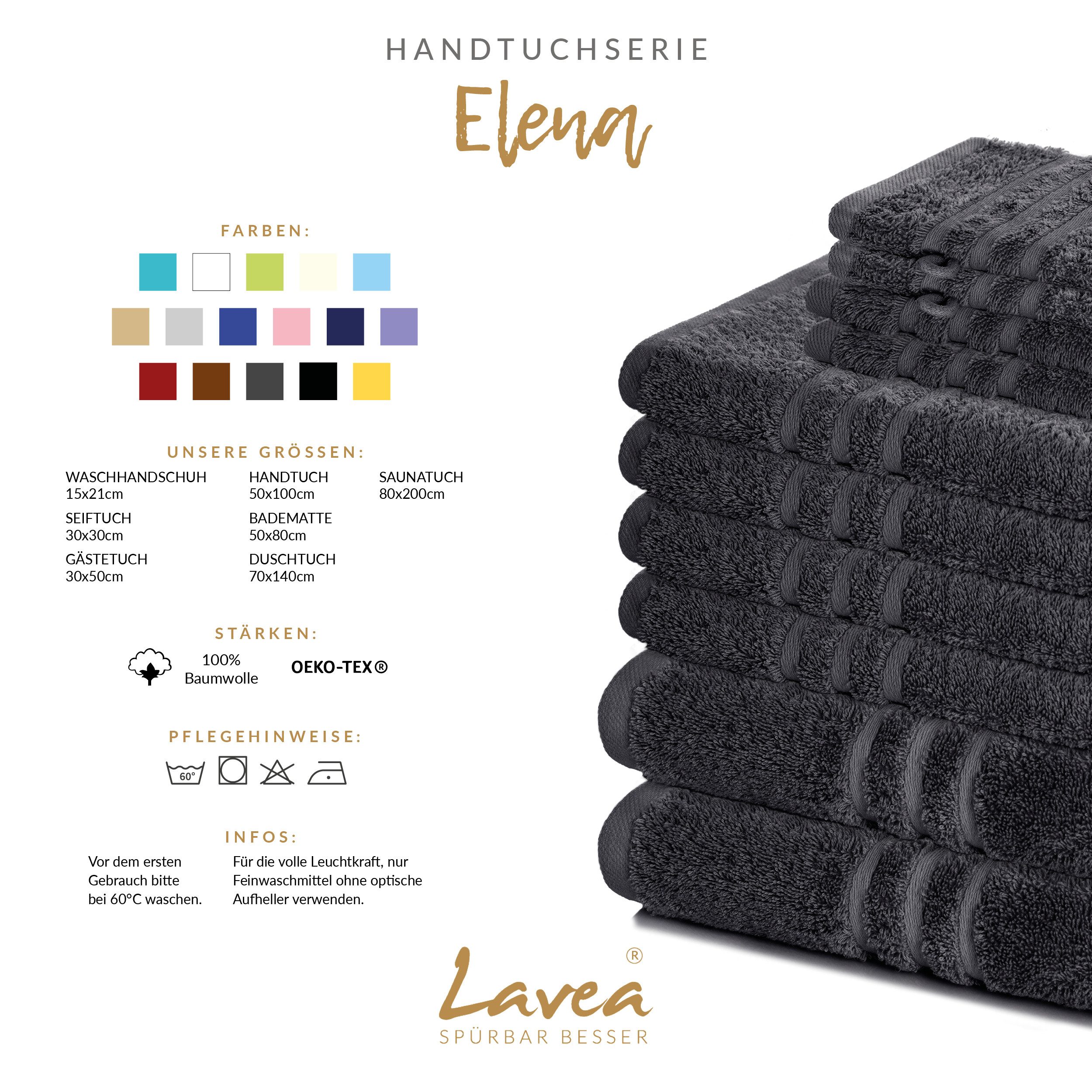 Lavea Saunatuch Elena-Frottierserie 80x200 cm, 100% Baumwolle (Set, 1-St), 500 g/m² Frottier, weich & saugstark, pflegeleicht