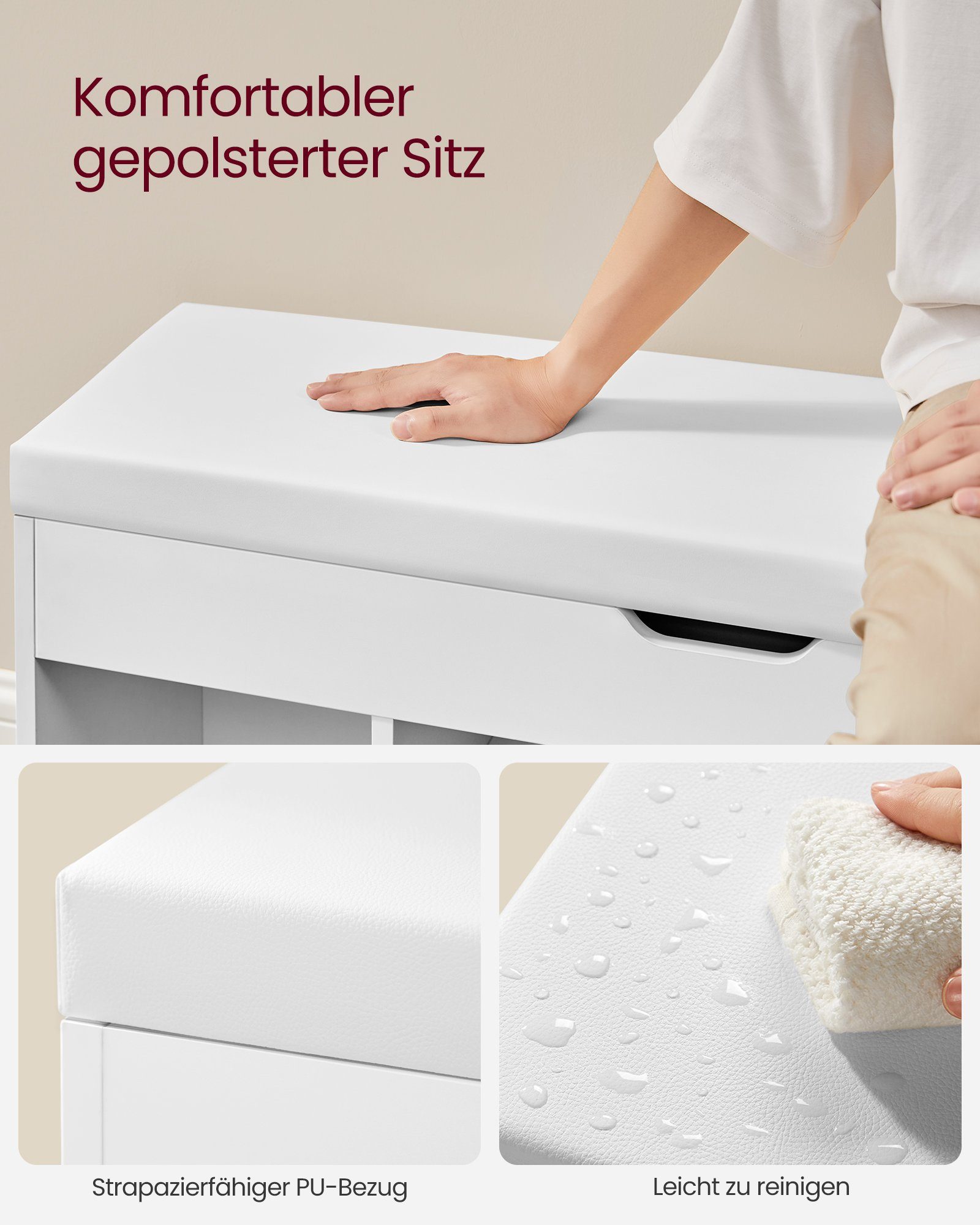 VASAGLE Schuhbank Sitzbank mit Stauraum, Schuhregal für Wohnzimmer, Flur, 30x100x44 cm (mit Sitzfläche, gepolstert), 3 offene Fächer, Fach unter Sitzkissen, bis – Bild 4 von 5