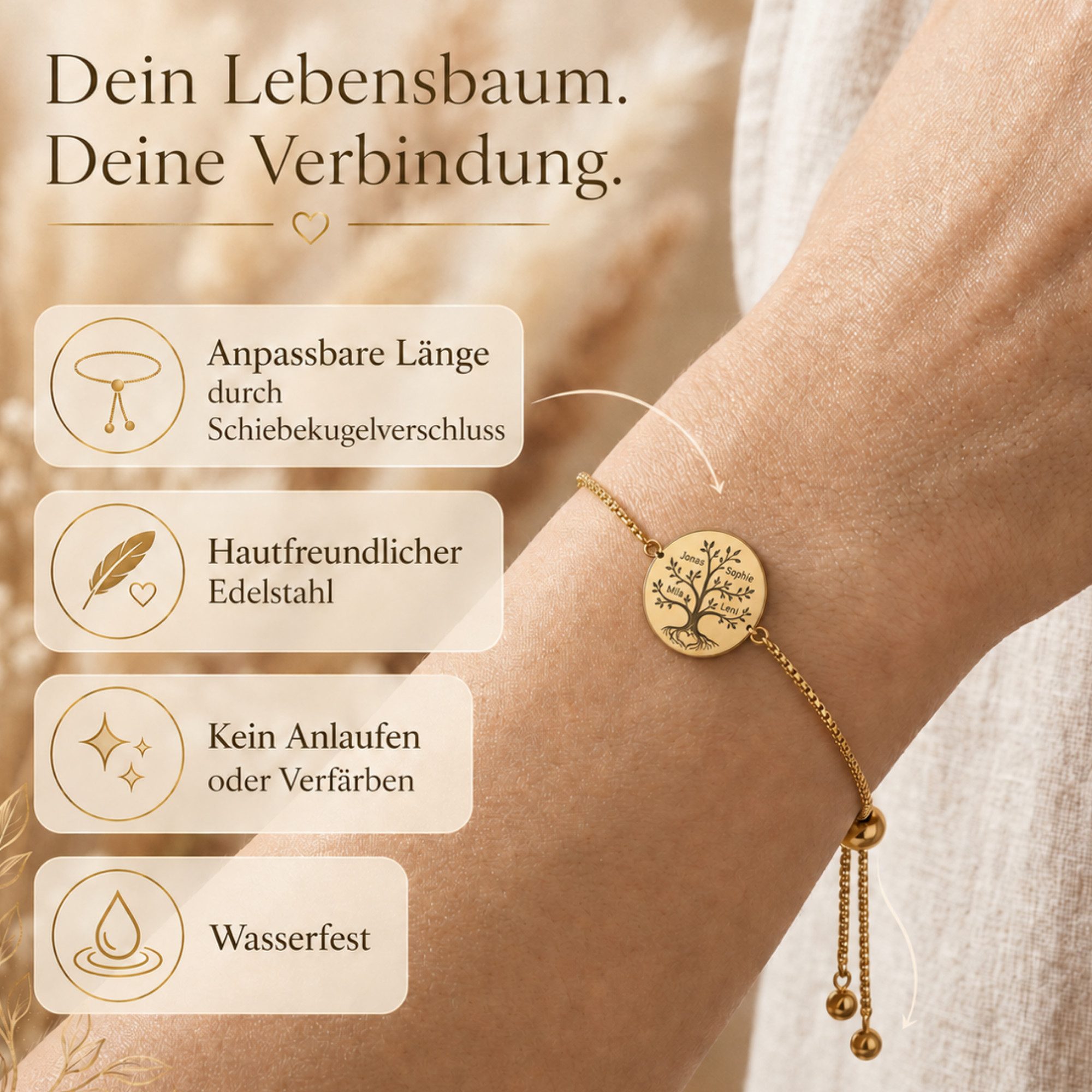 BS Schmuckdesign Armband mit Gravur Personalisiertes Familienarmband mit Lebensbaum Gravur Namen für Damen (1-tlg., personalisiert)