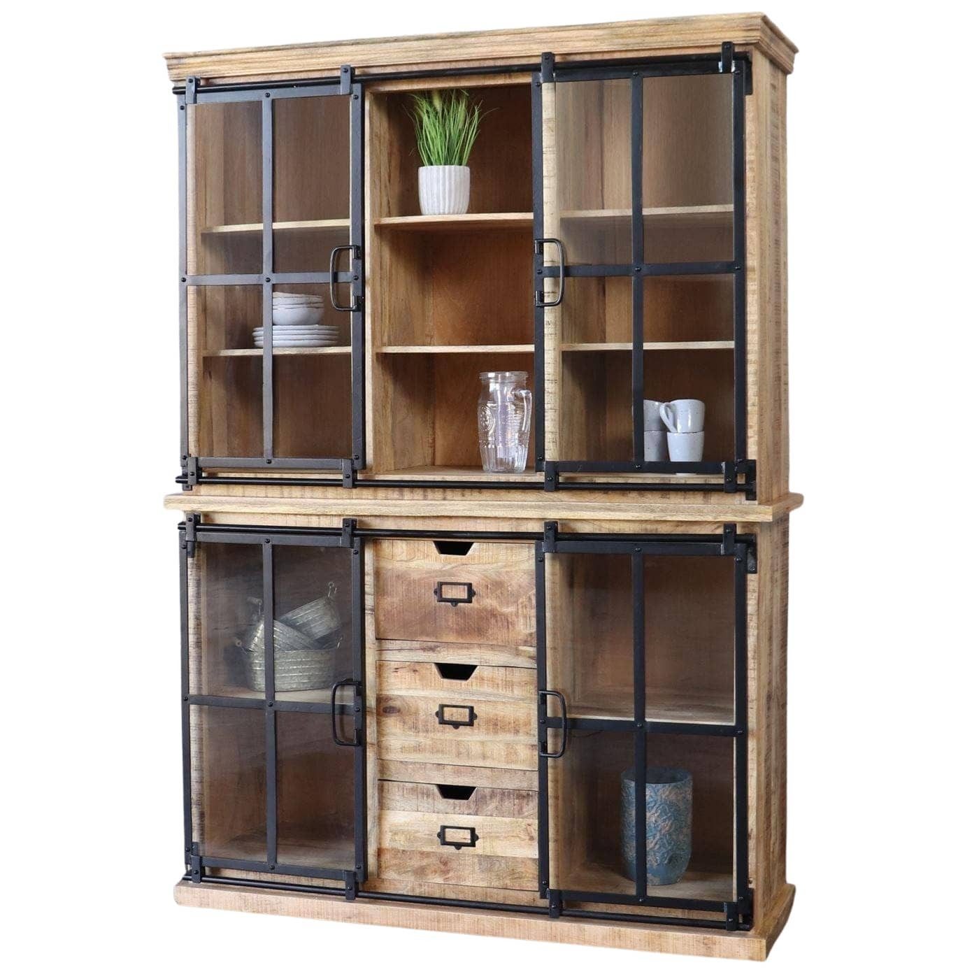 baario Vitrine Vitrinenschrank FINE Vintage 150cm Massivholz & Eisen Design Vitrine
