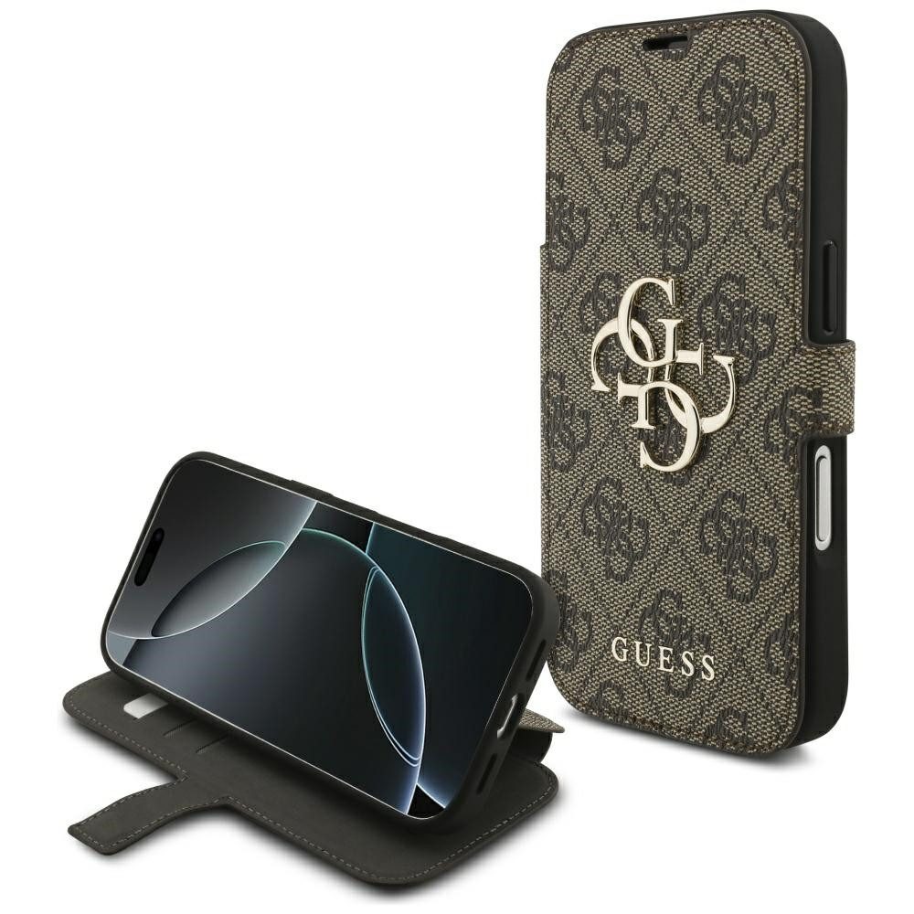 Guess Handyhülle Bookcase iPhone 17 Pro braun Logo goldfarben aufstellbar 6,3 Zoll, Kantenschutz