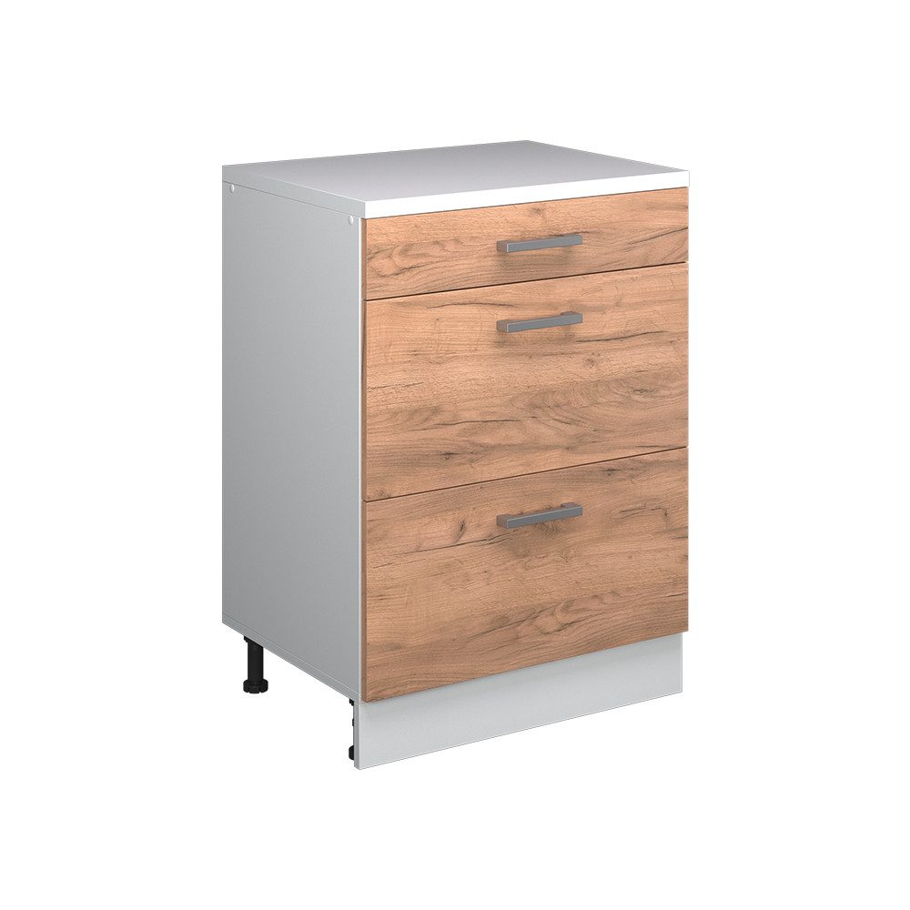Vicco Unterschrank R-Line, Goldkraft Eiche, 60 cm ohne Schräge mit 3 Schubladen (1-St)
