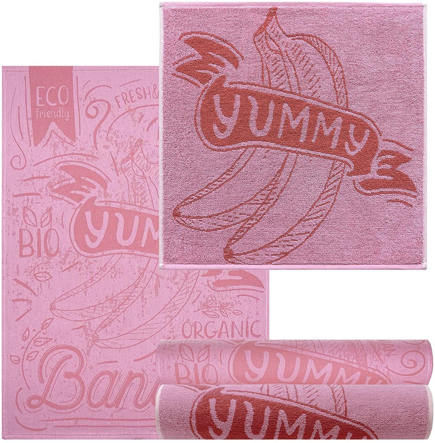 Lashuma Handtuch Set Banane, Frottee, (4-tlg), rosa Abtrockentücher 2 Stk. 50x70 cm - 2 Stk. Frottee 50x50 cm