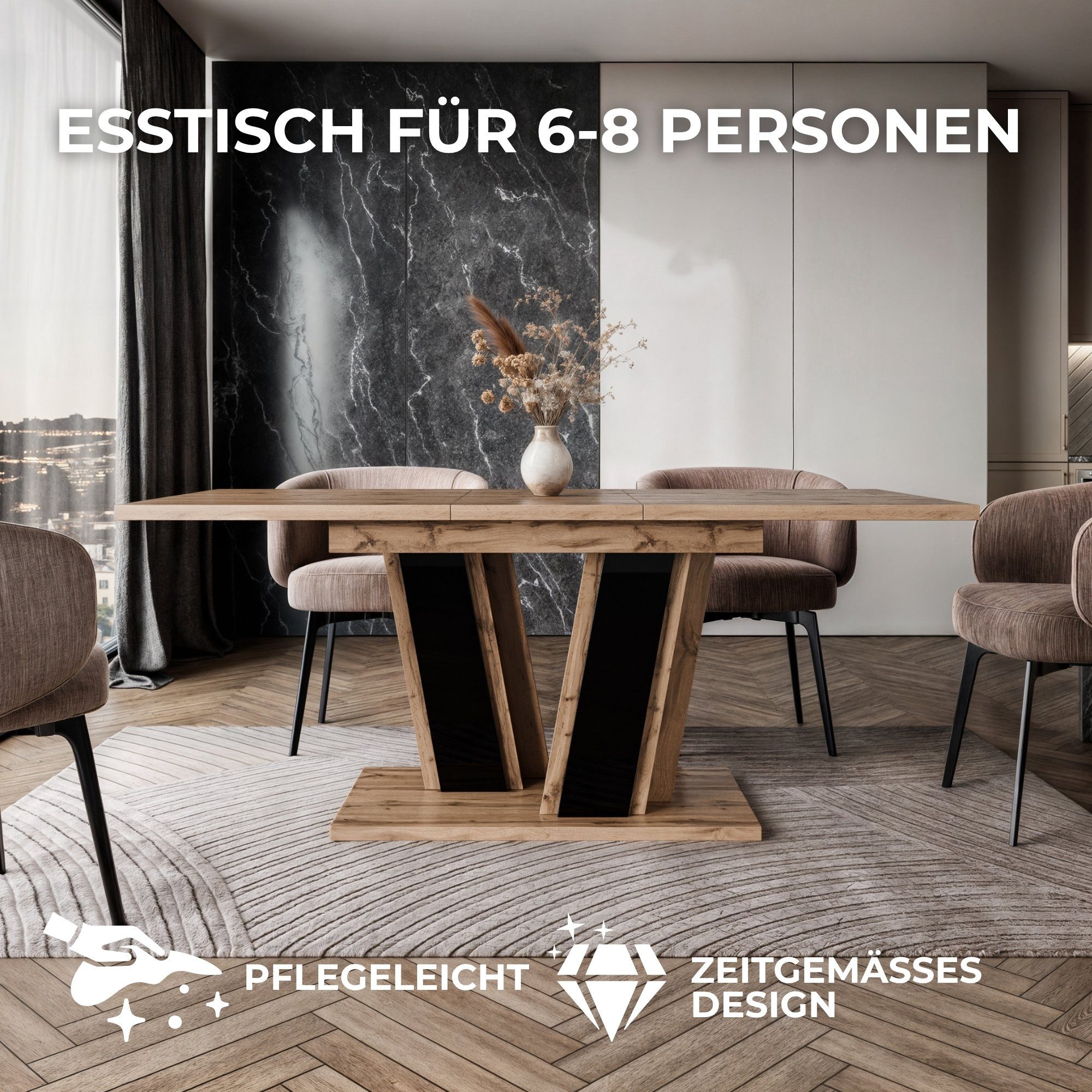 Home Collective Esstisch ausziehbar Tisch Küchentisch Esszimmertisch Ausziehtisch 120 / 140 cm (wählbar in 120-160 oder 140-180 x 80 cm Esszimmer Küche Wohnzimmer Esstisch erweiterbar), modernes Design mit Doppel-Säulengestell Wotan