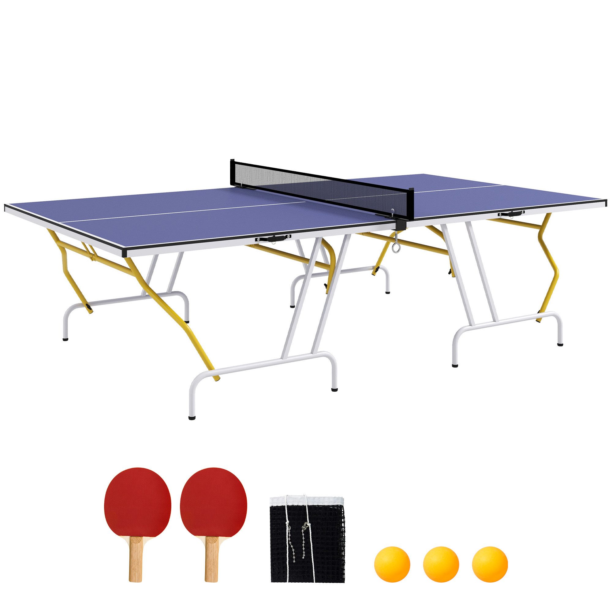 SPORTNOW Tischtennisplatte Klappbar, mit Tischtennisnetz, 2 Tischtennisschlägern, 3 Bällen (Tischtennistisch, 1-tlg., Spieltisch), mit Stahlrahmen, Blau