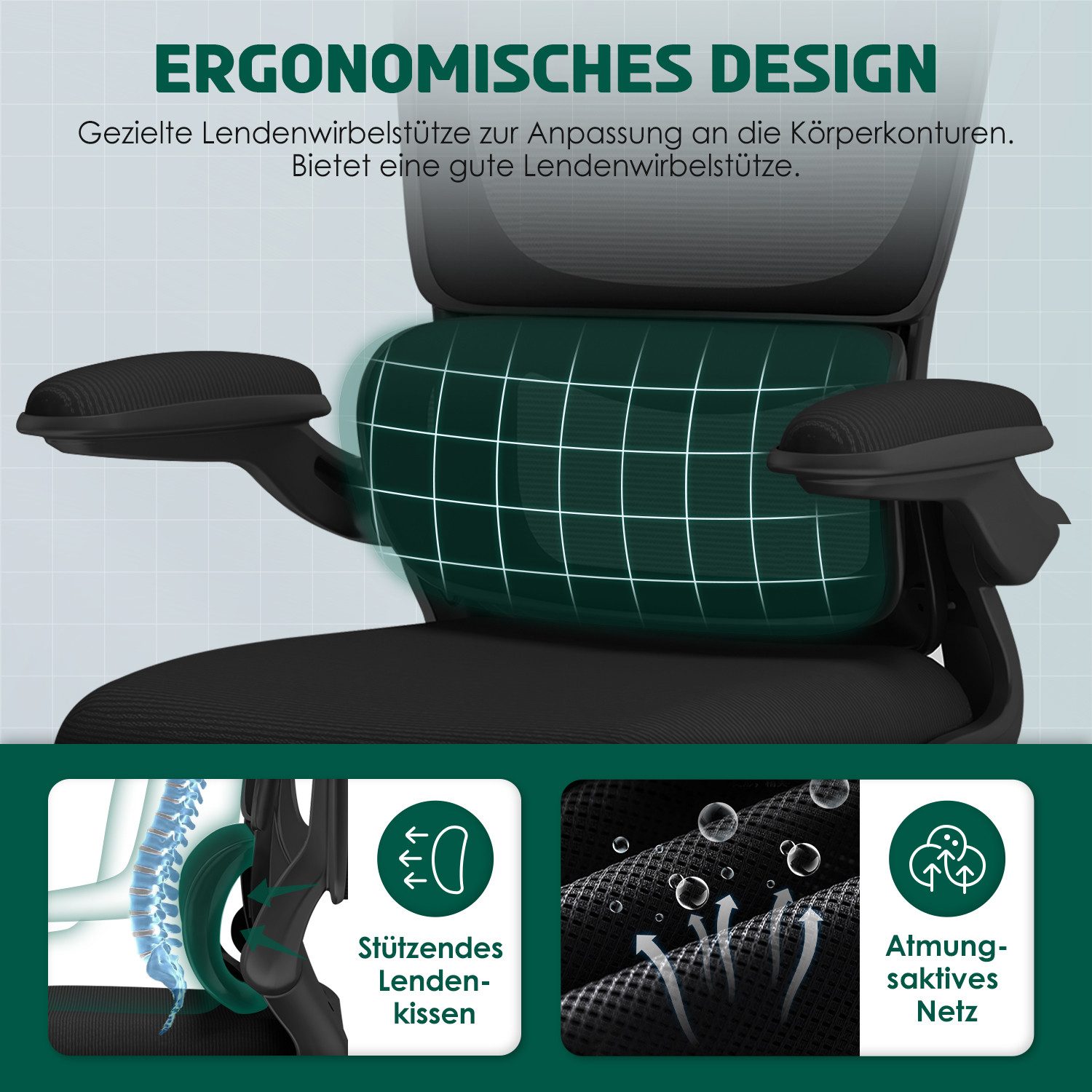 Fukstern Bürostuhl Ergonomischer Bürostuhl mit 90° klappbaren Armlehnen (Verstellbare Kopfstütze, atmungsaktiver Mesh-Bezug, Rücken- und Taillenstütze, Neigung fixierbar bei 90° (maximal kippbar bis 135), bis 150 kg belastbar