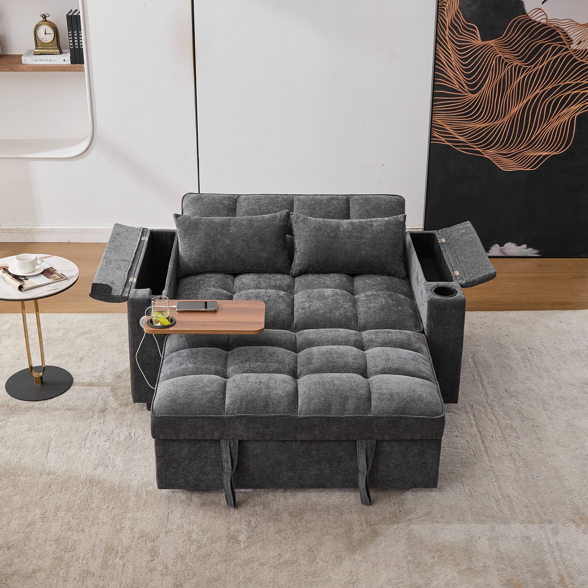 STILVORA Schlafsofa mit USB&Rückenlehne,Relaxsessel Ausziehsofa mit Getränkehalter&Tisch, Sofabett, Gästebett 1 Teile, mit verstellbarer Rückenlehne, USB-Anschluss