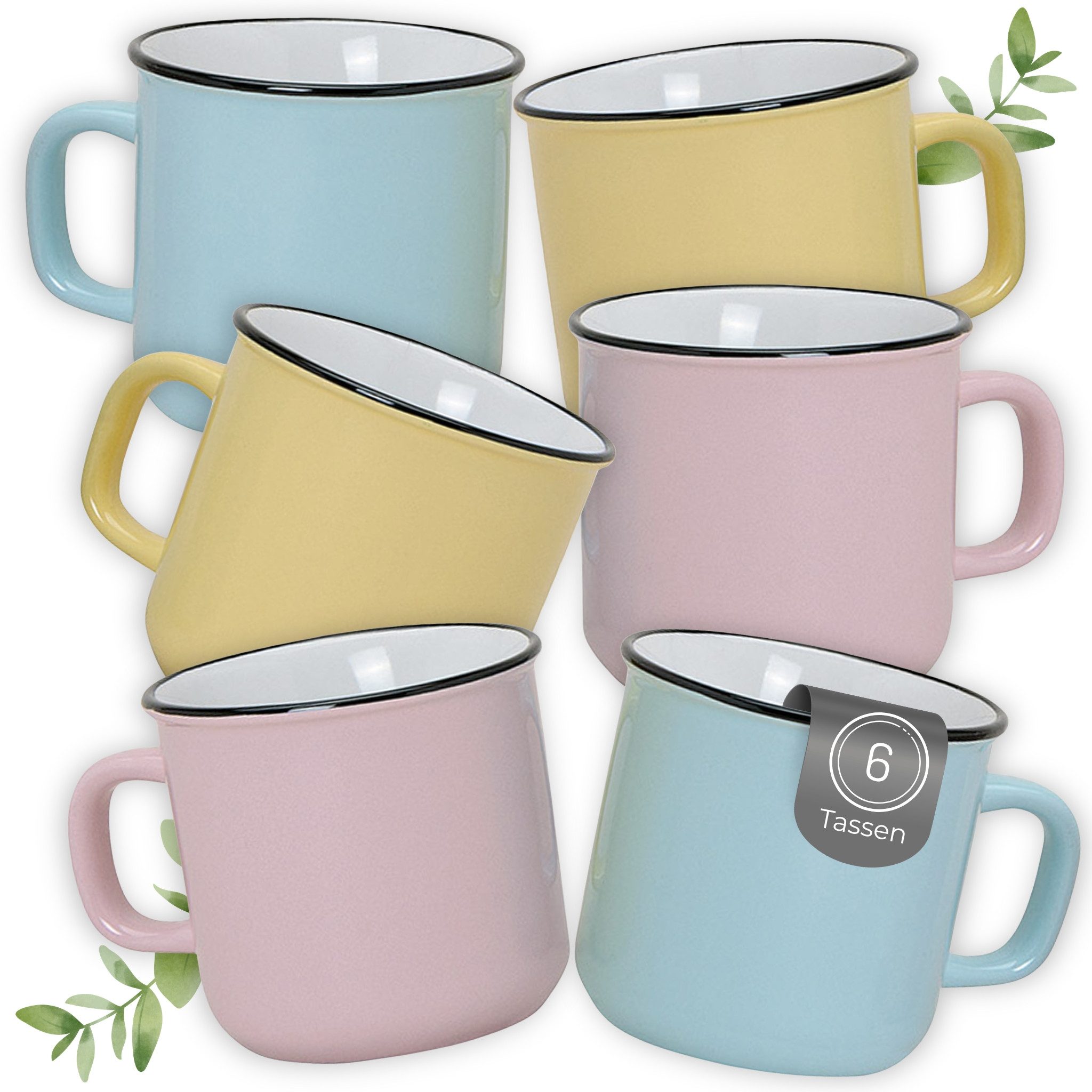 matches21 HOME & HOBBY Tasse Kaffeetassen Emaille-Optik Pastell, Teetassen 6er Set, 350 ml, 6-tlg., Porzellan, Dopamin Deko Kaffeebecher für Tee & Cappuccino