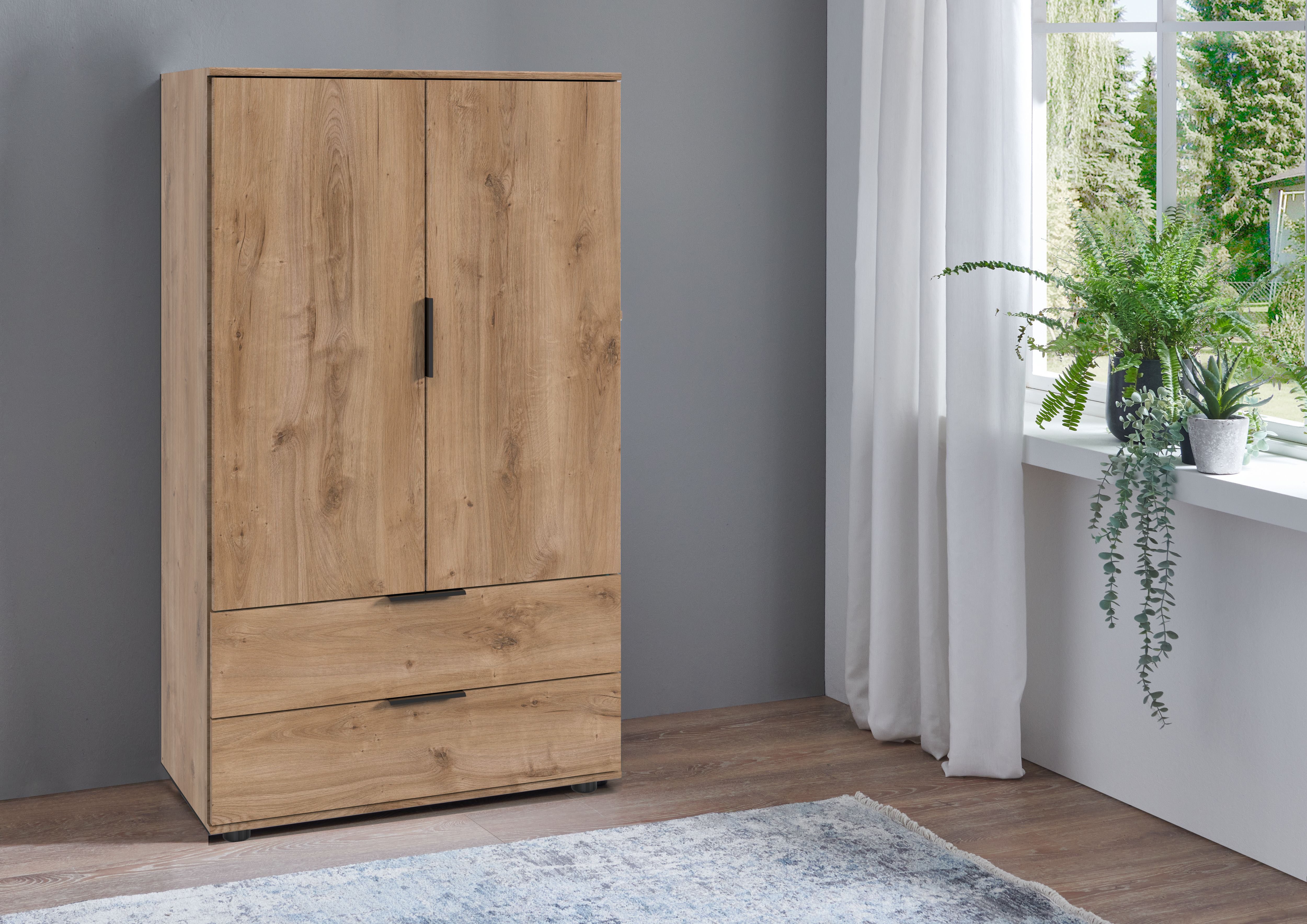 Wimex Wäscheschrank Easy Plus Kleiderschrank Garderobe 2 Schubladen, 81 oder 130cm breit in verschiedenen Farben, moderne Optik mit schwarzen Metallgriffen