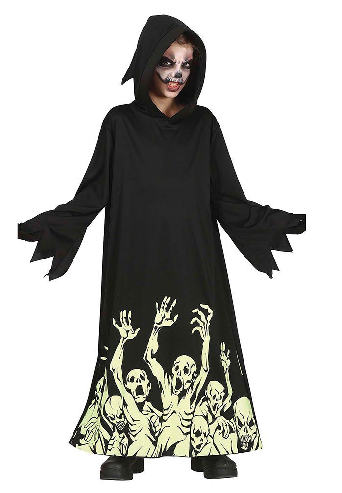 Karneval-Klamotten Kostüm Horror Kinder schwarz mit Kapuze und Skeletten, Halloween Kinderkostüm Jungen mit Skeletten leuchten im Dunkeln