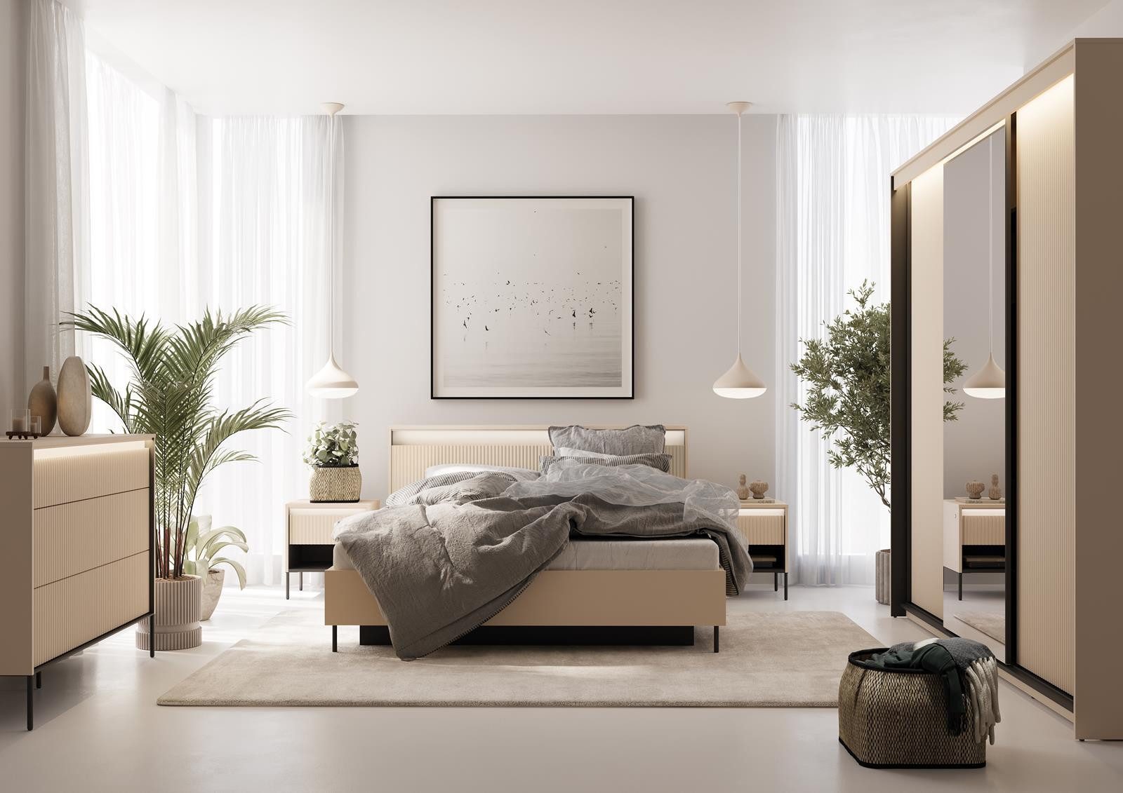 Compleo Kommode mit 3 Schubladen FLORE, Beige modern Kommode mit LED und Lamellen