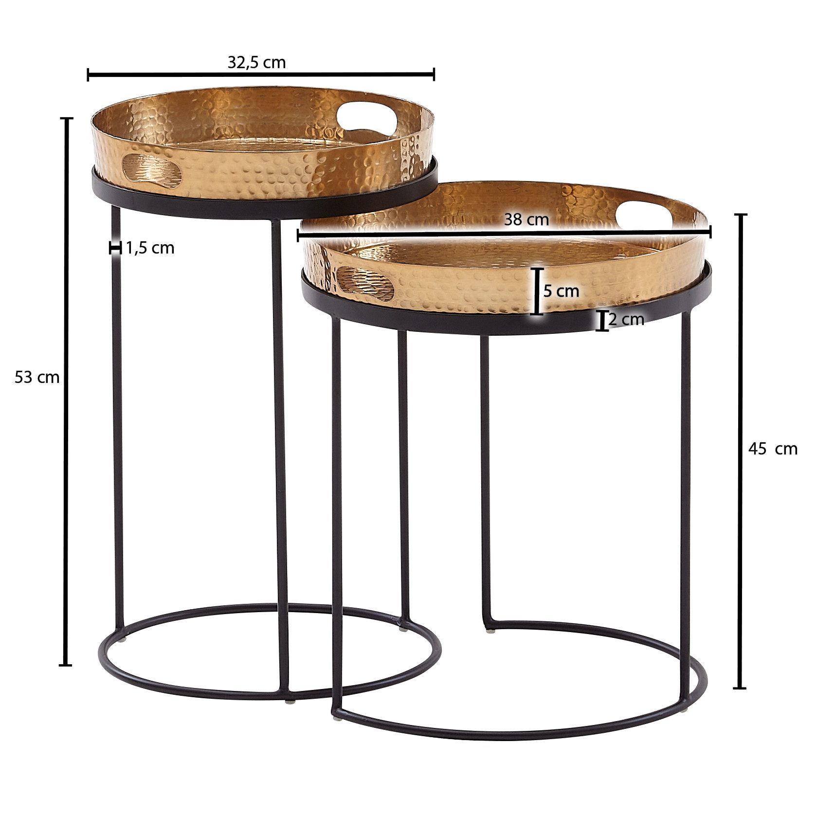 Wohnling Beistelltisch WL6.459 2er Set Metall Tabletttisch Gold Couchtisch Tisch Rund (2er Set Gold / Schwarz Metall Hammerschlag Rund), Sofatisch, Beistelltisch abnehmbares Tablett