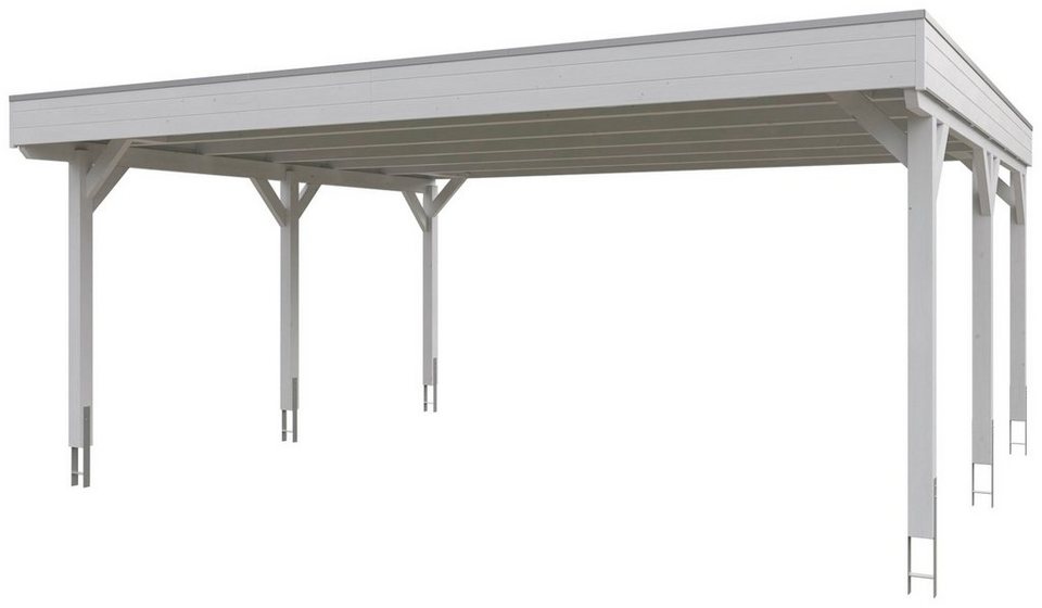 Skanholz Doppelcarport Grunewald, BxT: 622x554 cm, 590 cm Einfahrtshöhe,  mit Aluminiumdach, Flachdach mit Aluminium-Dachplatten, farblich behandelt  in weiß