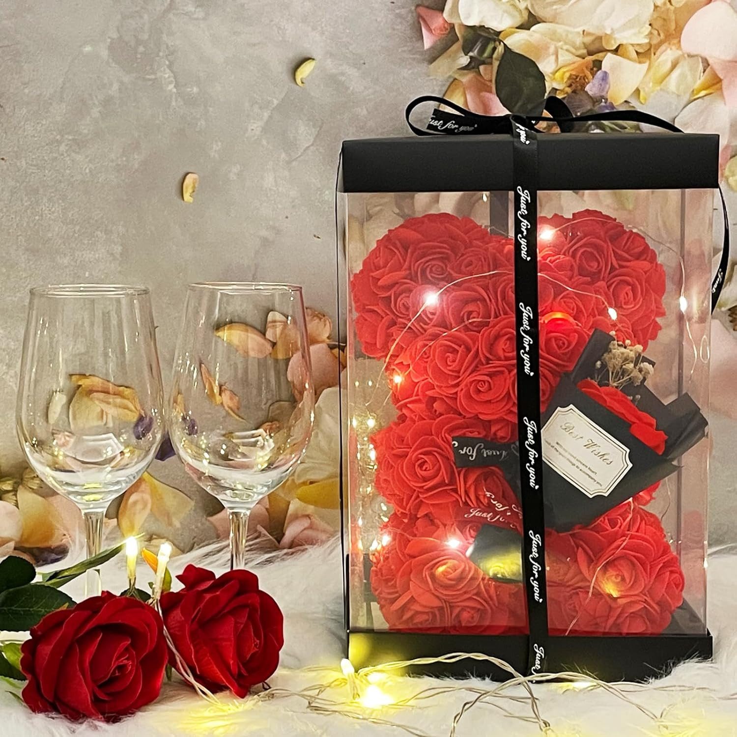 Kunstblumenstrauß Romantischer Rosen-Teddybär Geschenkset mit LED-Licht und einer Halskette aus echten Süßwasserperlen, Valentinstagsgeschenk für Ihre Freundin, Ehefrau, Mutter und andere Frauen, Vivitar, Rosenbär mit Perlen-Überraschungsbox (Blindbox-Perlen-Set)