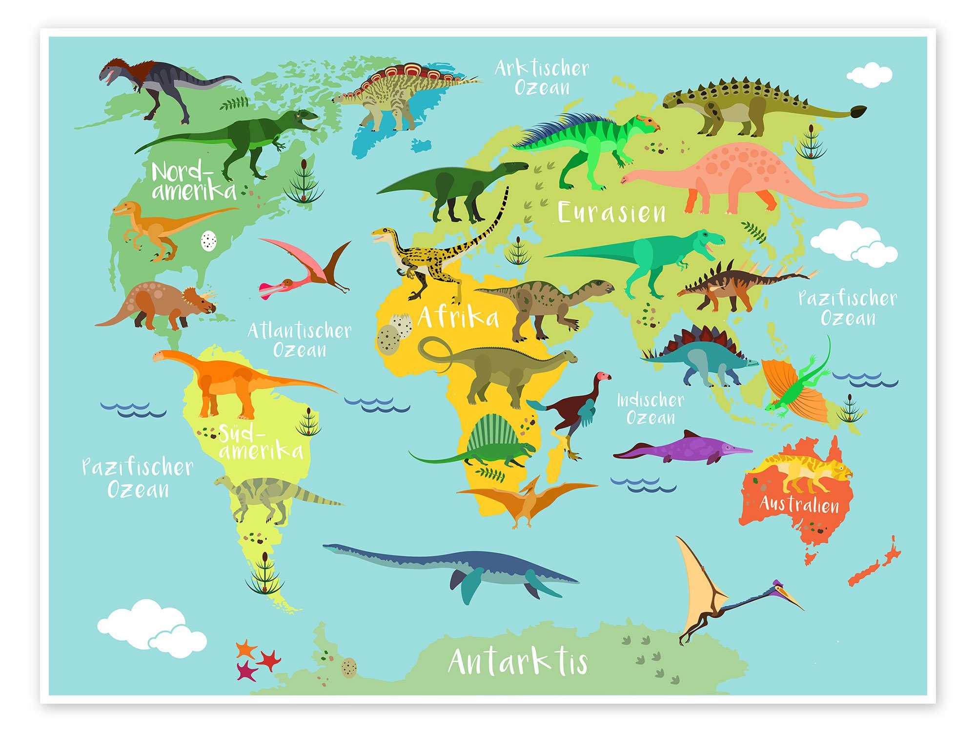 Posterlounge Poster Kidz Collection, Weltkarte der Dinosaurier, Klassenzimmer Kindermotive