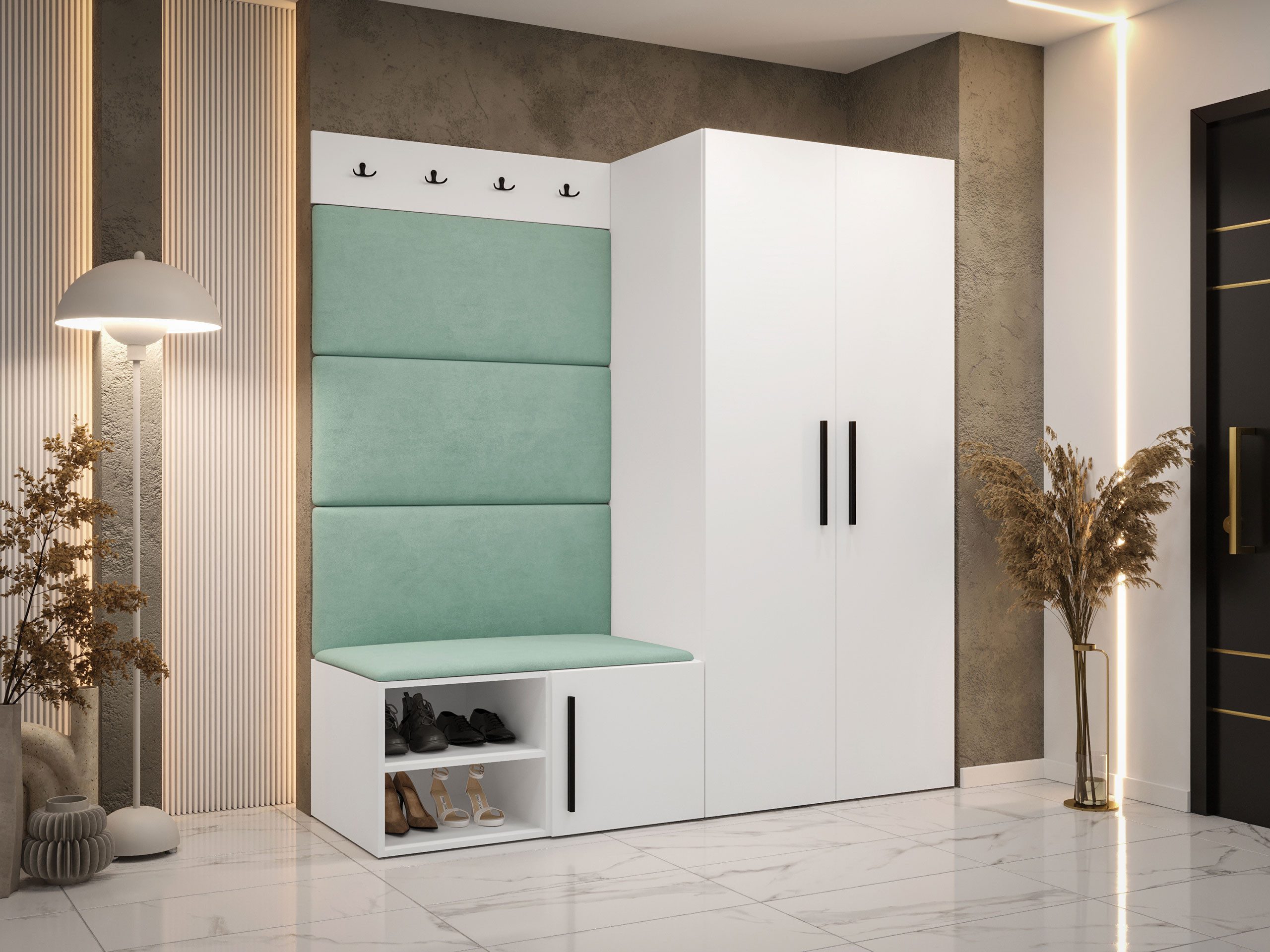 MIRJAN24 Garderoben-Set Medi I, (Drehtürenschrank, Schuhschrank, 4x Paneel 84x42), Kleiderstange, 4 Kleiderhaken für Kleidung