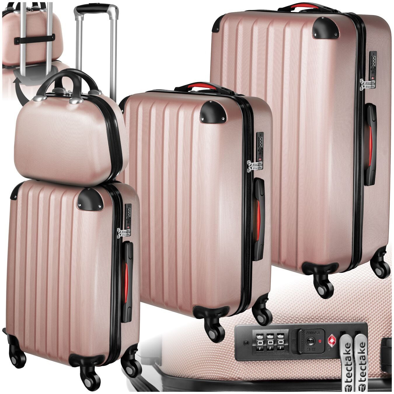 tectake Trolley Reisekoffer-Set aus robustem ABS-Kunststoff, mit TSA-Zahlenschloss, 4 Rollen, 3 Trolleys und Beauty-Case, mit Teleskopgriff, abnehmbare Rollen