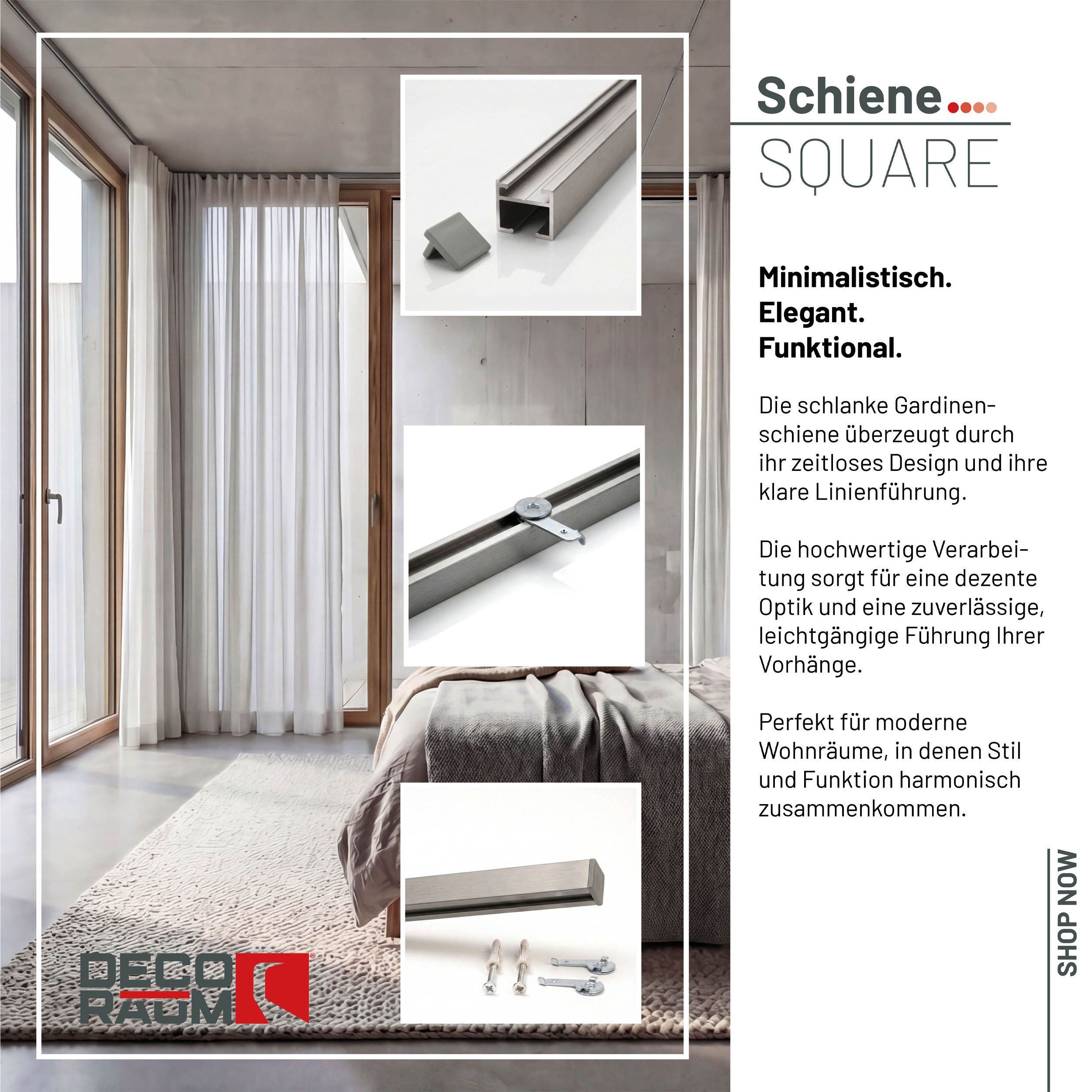Deco-Raum Gardinenschiene Innenlauf Square eckig flach, 1-läufig, kürzbar, Wunschmaßlänge, Bohren, Deckenbefestigung, Aluminium, Flächenvorhang Schiene Innenlaufstange für Vorhänge mit Spannriegel