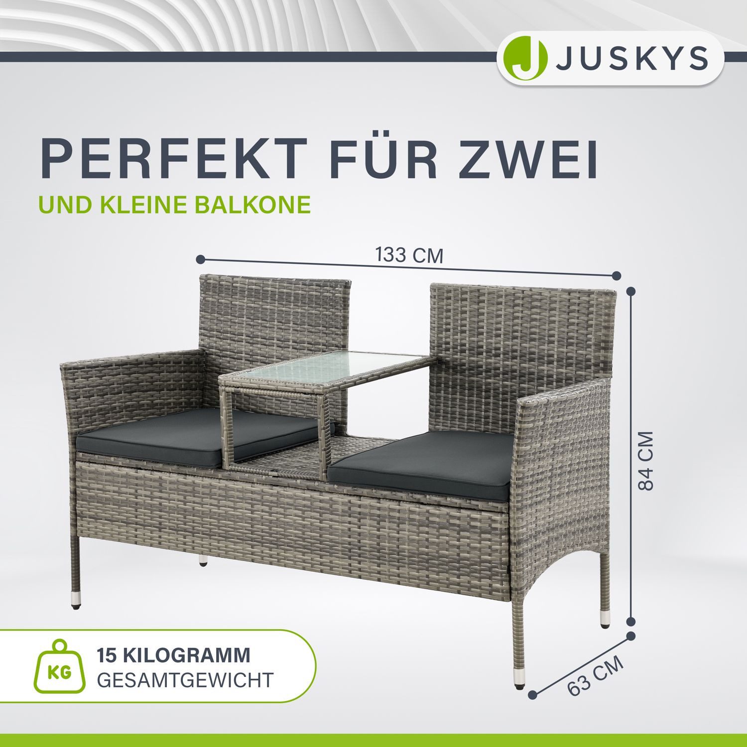Juskys Balkonset Monaco, Balkonmöbel in Rattan-Optik, Polyrattan 2-Sitzer mit Tisch & Kissen