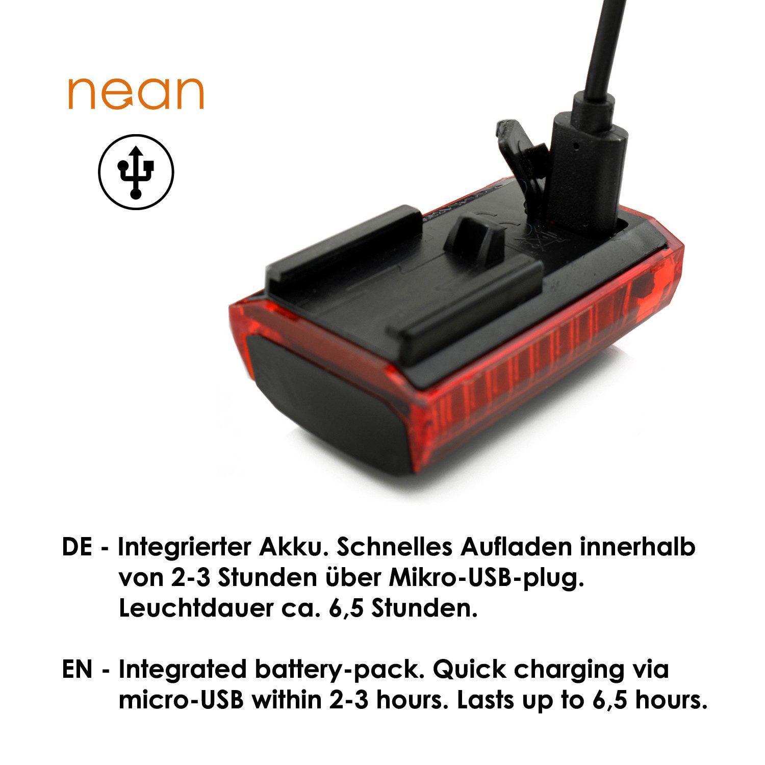 nean Fahrrad-Rücklicht mit Akku und StVZO-Zulassung, 4 Candela, mit Micro-USB-Ladebuchse, abnehmbar