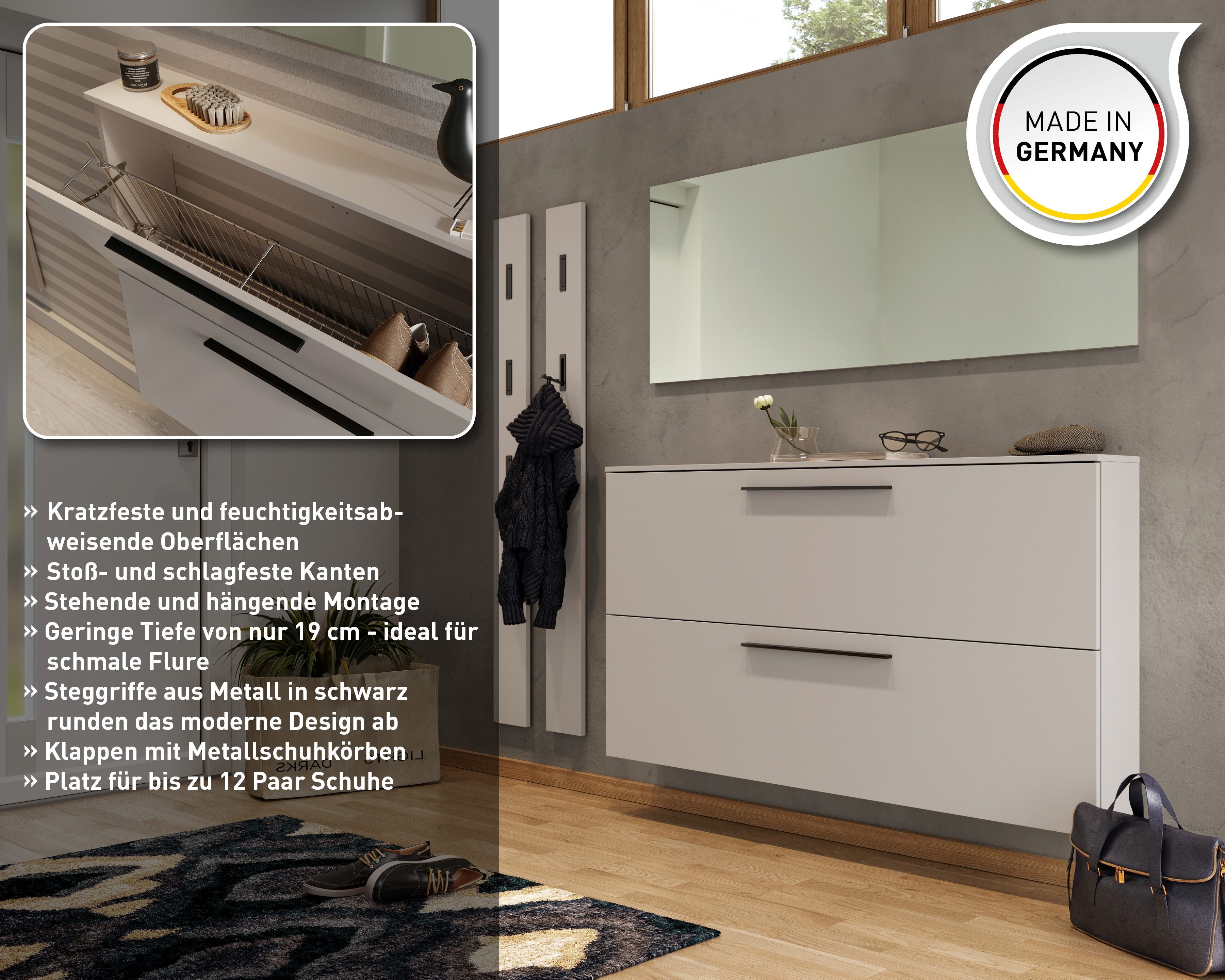 GERMANIA Schuhschrank Utah Schuhschrank in 2 Breiten, mit 2 oder 3 Klappen Tiefe 19cm, ideal für schmale Flure, Metallschuhkörbe, Made in Germany