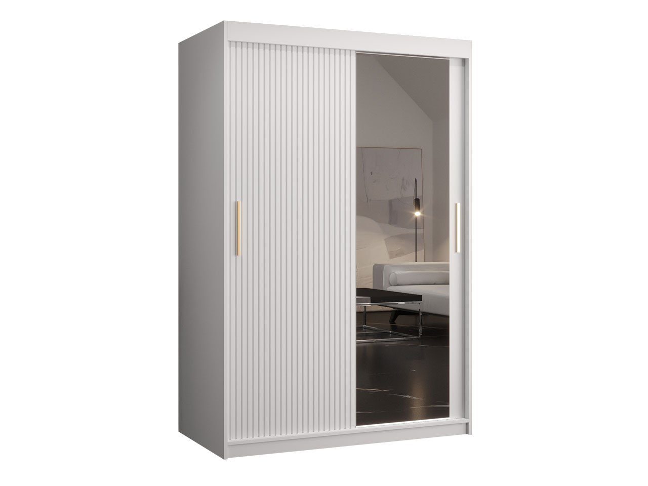 MIRJAN24 Kleiderschrank Riflo Slim 2 120 (mit Schiebetüren und Frontspiegel) 2-türig, zwei Kleiderstangen, Aluminium-Gleitschienen