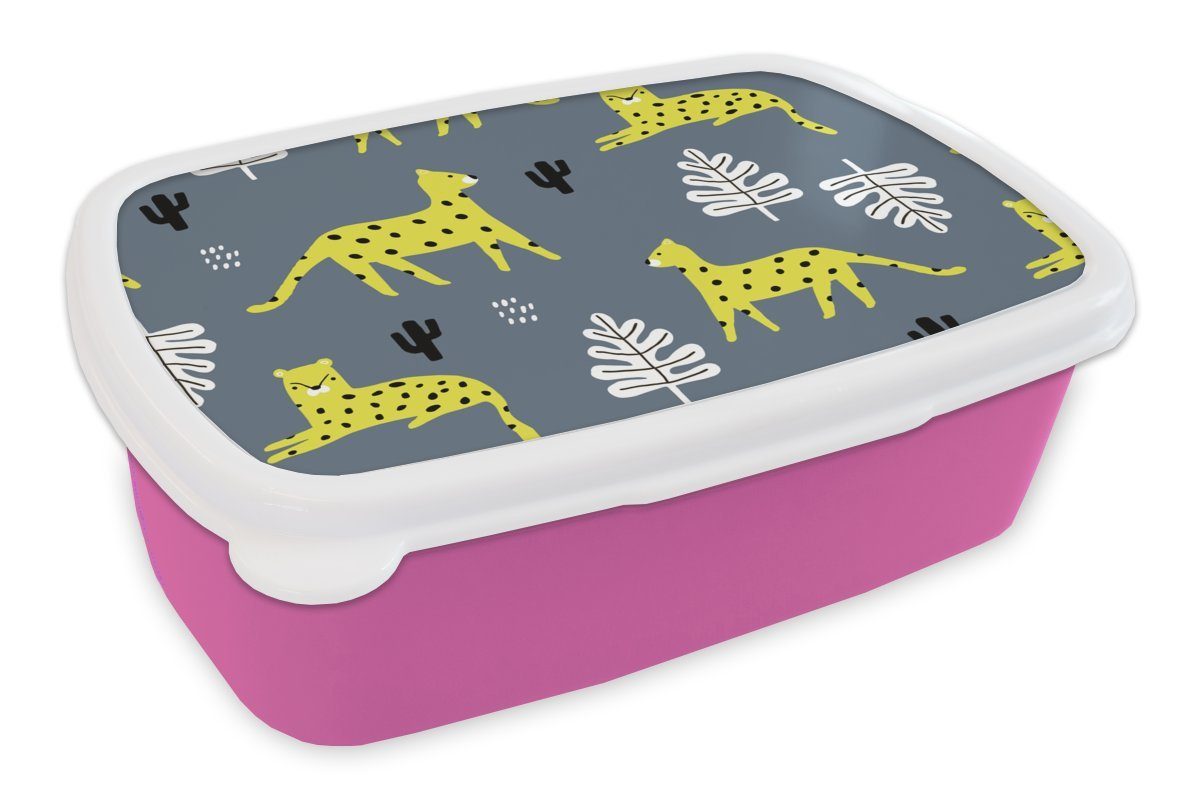 MuchoWow Lunchbox Leopard - Blatt - Muster, Kunststoff, (2-tlg), Brotbox für Erwachsene, Brotdose Kinder, Snackbox, Mädchen, Kunststoff rosa