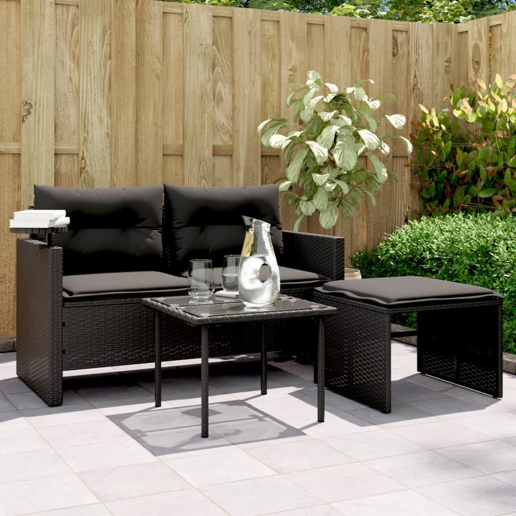 vidaXL Loungesofa 3-tlg. Garten-Sofagarnitur mit Kissen Schwarz Poly Rattan, 1 Teile