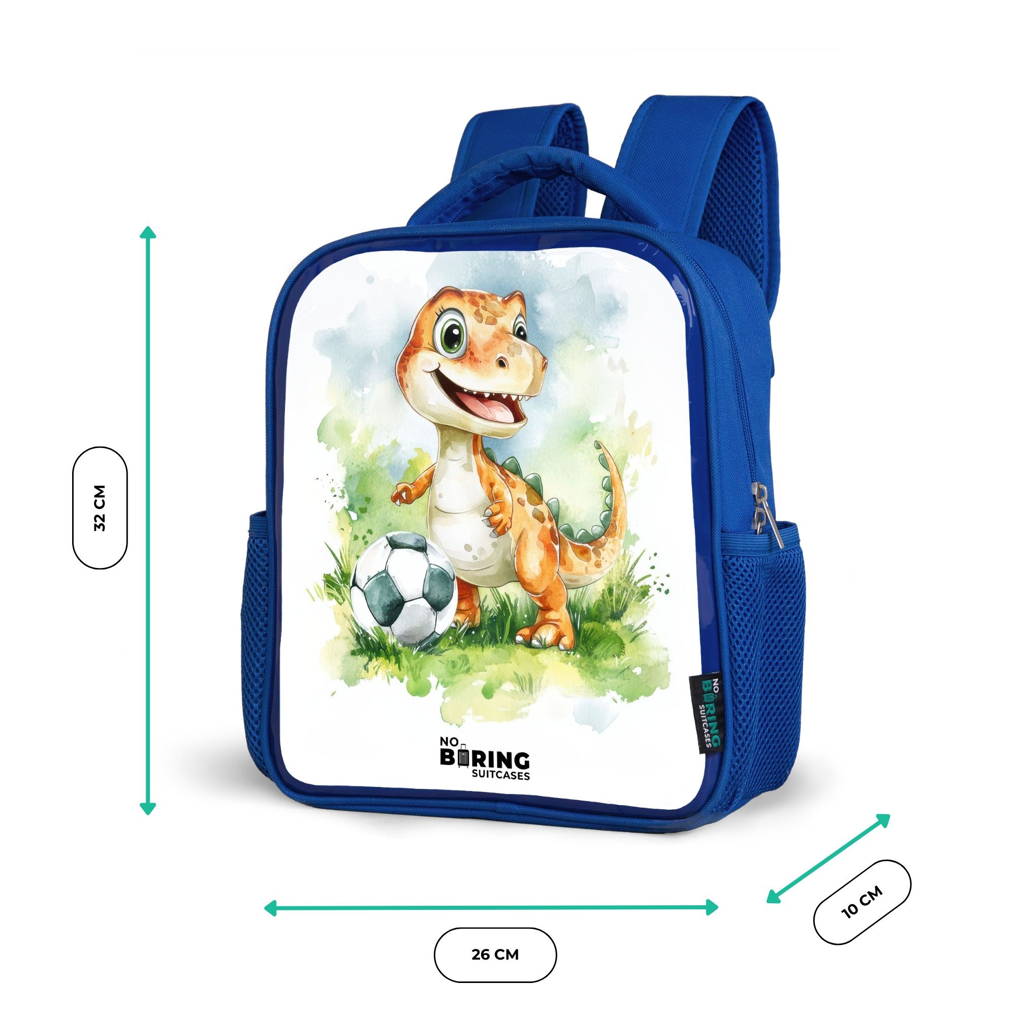NoBoringSuitcases.com© Rucksack Blau - Dino mit Fußball im bunten Feld, Kinderrucksack, Schulrucksack, Freizeitrucksack, Jungen, Kindergarten