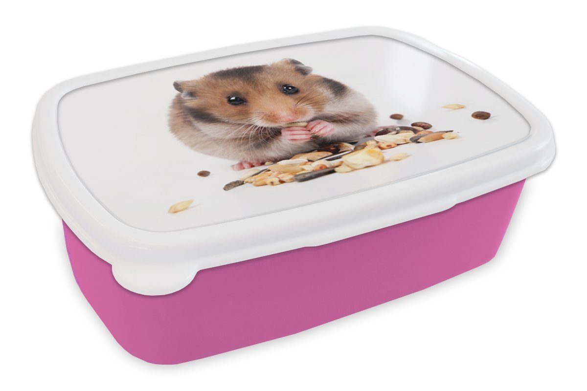 MuchoWow Lunchbox Hamster frisst Samen, Kinder, für Mädchen, (2-tlg), Erwachsene, Snackbox, Brotdose rosa Kunststoff Kunststoff, Brotbox