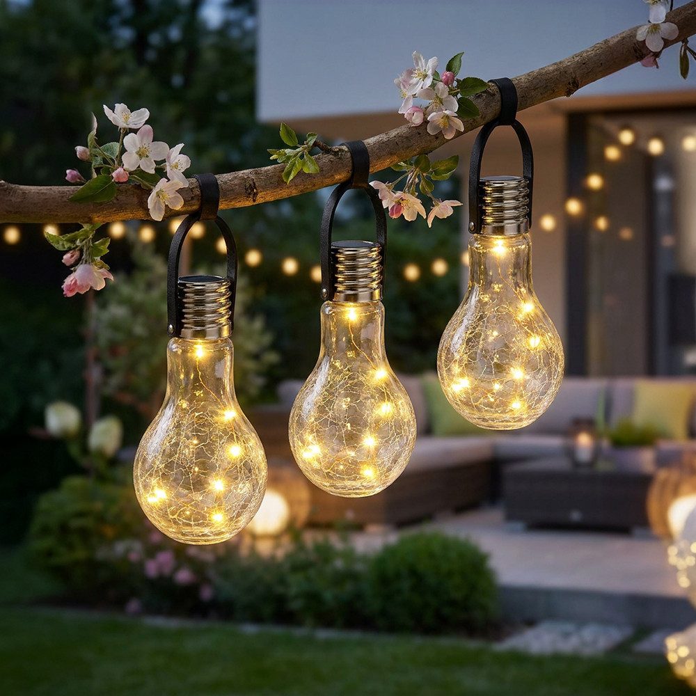 GLOBO LIGHTING LED Solarleuchte, LED-Leuchtmittel fest verbaut, Warmweiß, 3x LED Solar Pendel Lampe Crackle Glas Glühbirne Außen Deko