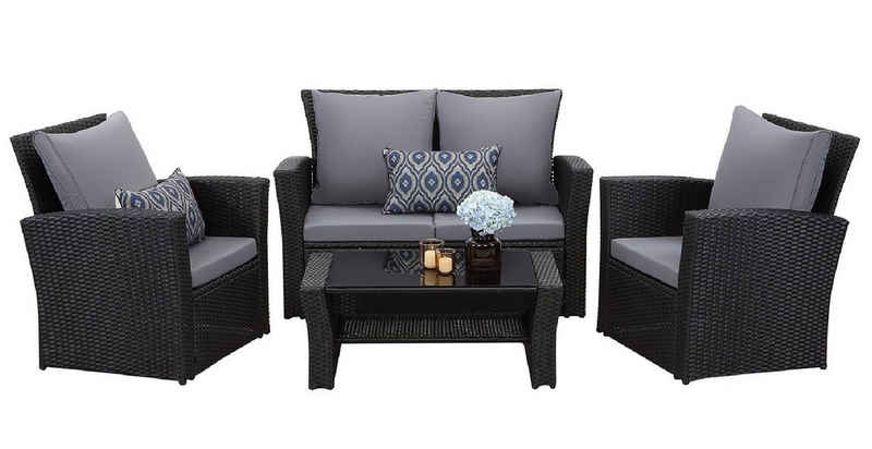 MeXo Gartenlounge-Set, (Sofa Lounge Garnitur Sitzgarnitur, 4-tlg., 2er Sofa, 2 Sessel, Tisch), Loungeset aus Handgeflochtenes Polyrattan
