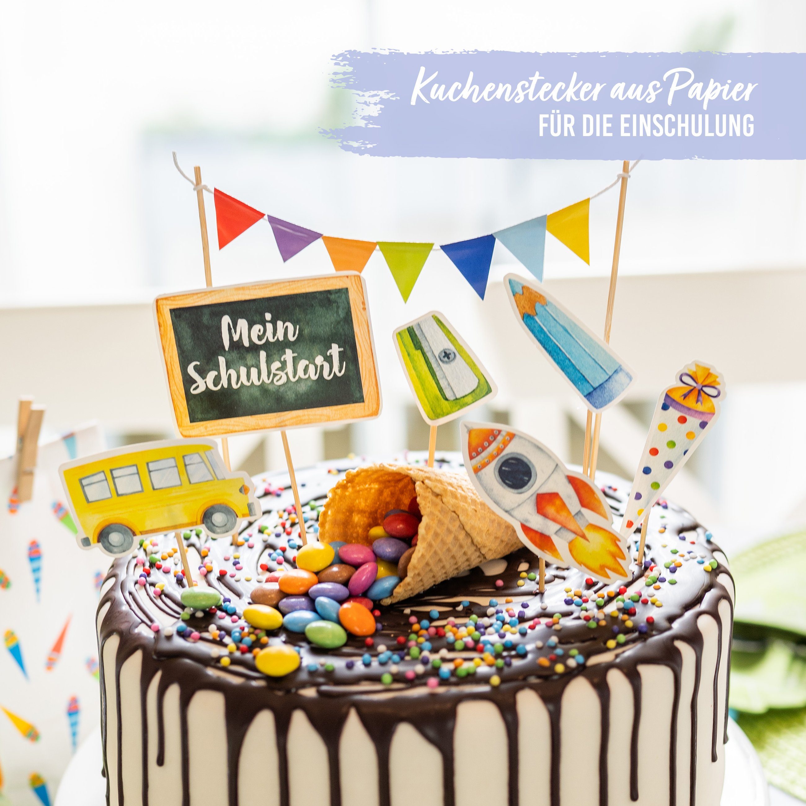 PAPIERDRACHEN Tortenstecker Kuchenstecker zur Einschulung - in verschiedenen Designs, Einschulung - Erste Klasse - Einschulungsparty