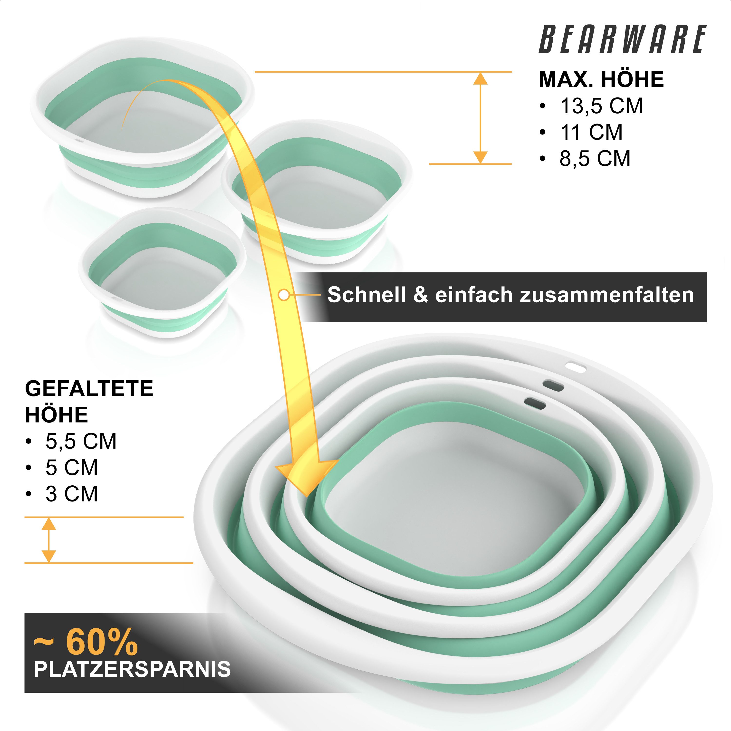 BEARWARE Schüssel Faltbares Waschbecken-Set, 3-tlg. (3 l + 5 l + 9 l), Waschschüssel, (Set, 3-tlg), wasserdicht, platzsparend verstaubar, mit Aufhängeöse, für H – Bild 3 von 5