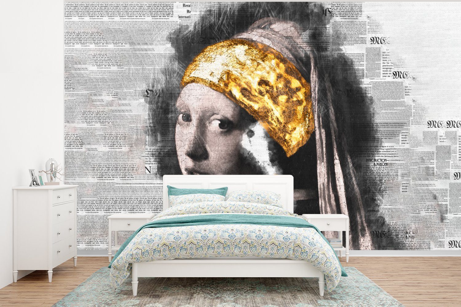 Perlenohrring bedruckt, Das Tapete dem Wohnzimmer, Mädchen Vinyl für mit Fototapete Schlafzimmer, MuchoWow - Vermeer (6 Collage, Kinderzimmer, - Matt, Wallpaper St),