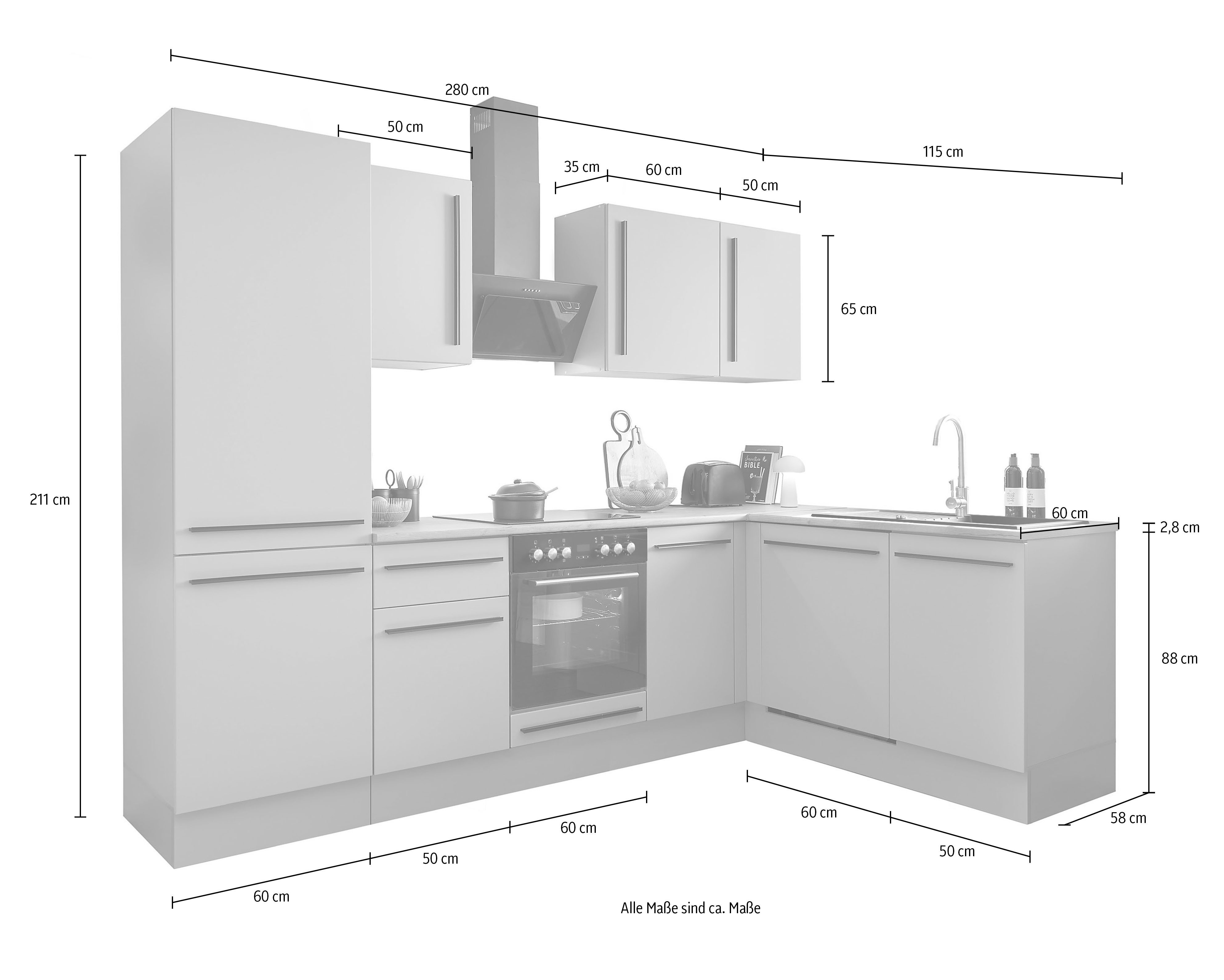 BASIC by Balculina Winkelküche Denver, Küche BxHxT 280/115 x 211 x 60, Breite 280 cm, wahlweise mit E-Geräten und Induktion