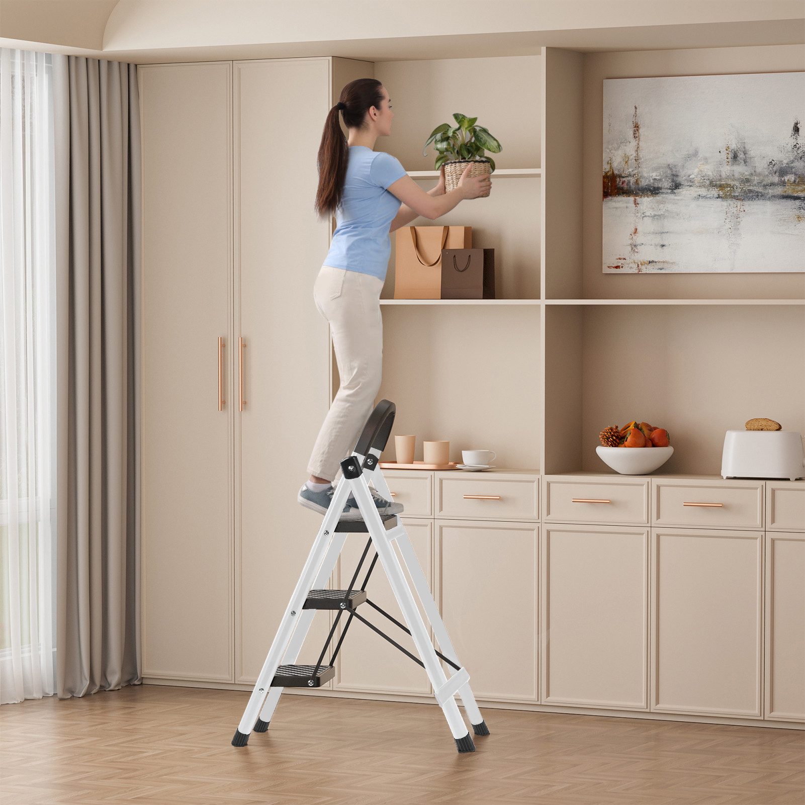 Rutaqian Klapptritt Trittleiter Leiter Tragbare 3-stufige Leiter mit Handläufen (Set, 1-St), bis 150 kg, Stufenleiter für Zuhause, Küche & Garten – Bild 4 von 5