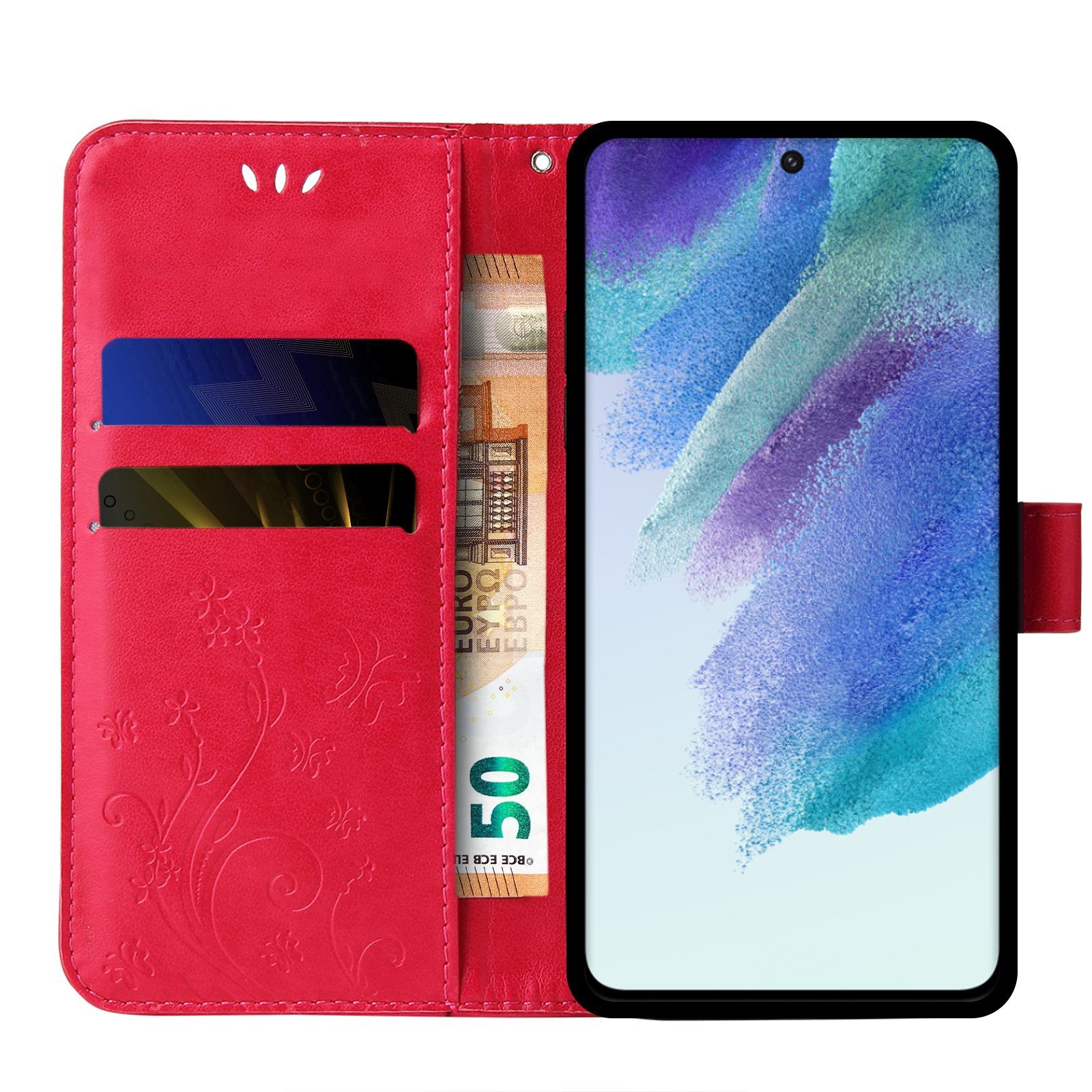 Tec-Expert Handyhülle Cover Tasche Hülle für Samsung Galaxy S21 FE 6,4 Zoll, Klapphülle Case mit Kartenfach Fliphülle aufstellbar, Motiv Blumen