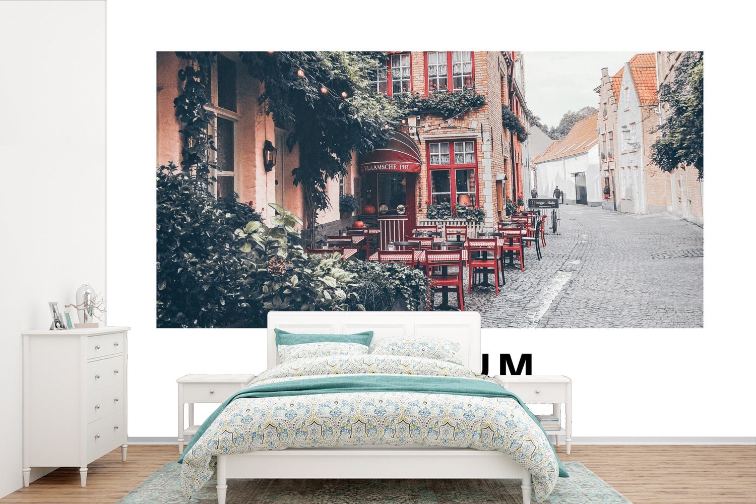 - (6 - Belgien Schlafzimmer, Fototapete Rot - Terrasse für Wallpaper MuchoWow Vinyl St), Kinderzimmer, Wohnzimmer, Tapete bedruckt, Café, Matt,