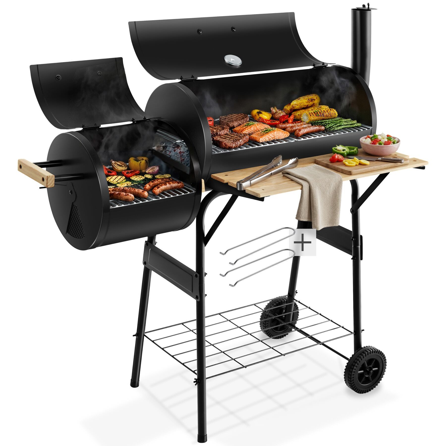 tectake Holzkohlegrill Smoker Grill 2in1 mit Thermometer, 2 Kammern, 2 Ablagen, 2 Räder, Smoker Grill, in Schwarz, regulierbare Luftzufuhr für präzise Temperaturkontrolle