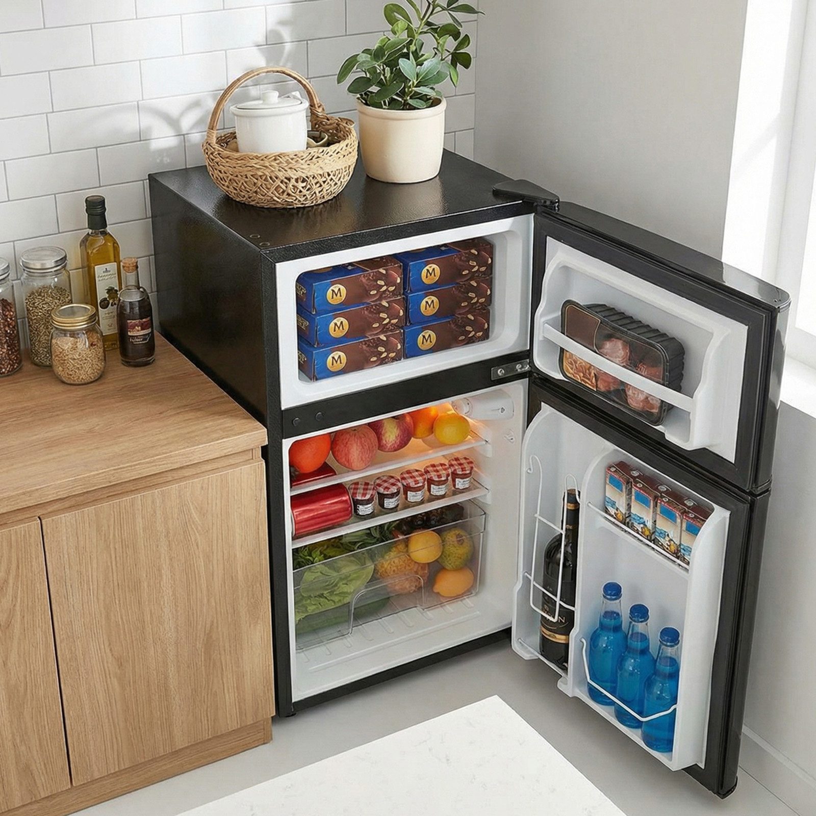 FOHERE Kühlschrank Kühl-Gefrierkombinationen, Kühlschrank 90L, Verstellebare Ablage und Füße, mit 2 Wechselbare Tür BCD-90, 84,5 cm hoch, 50.5 cm breit