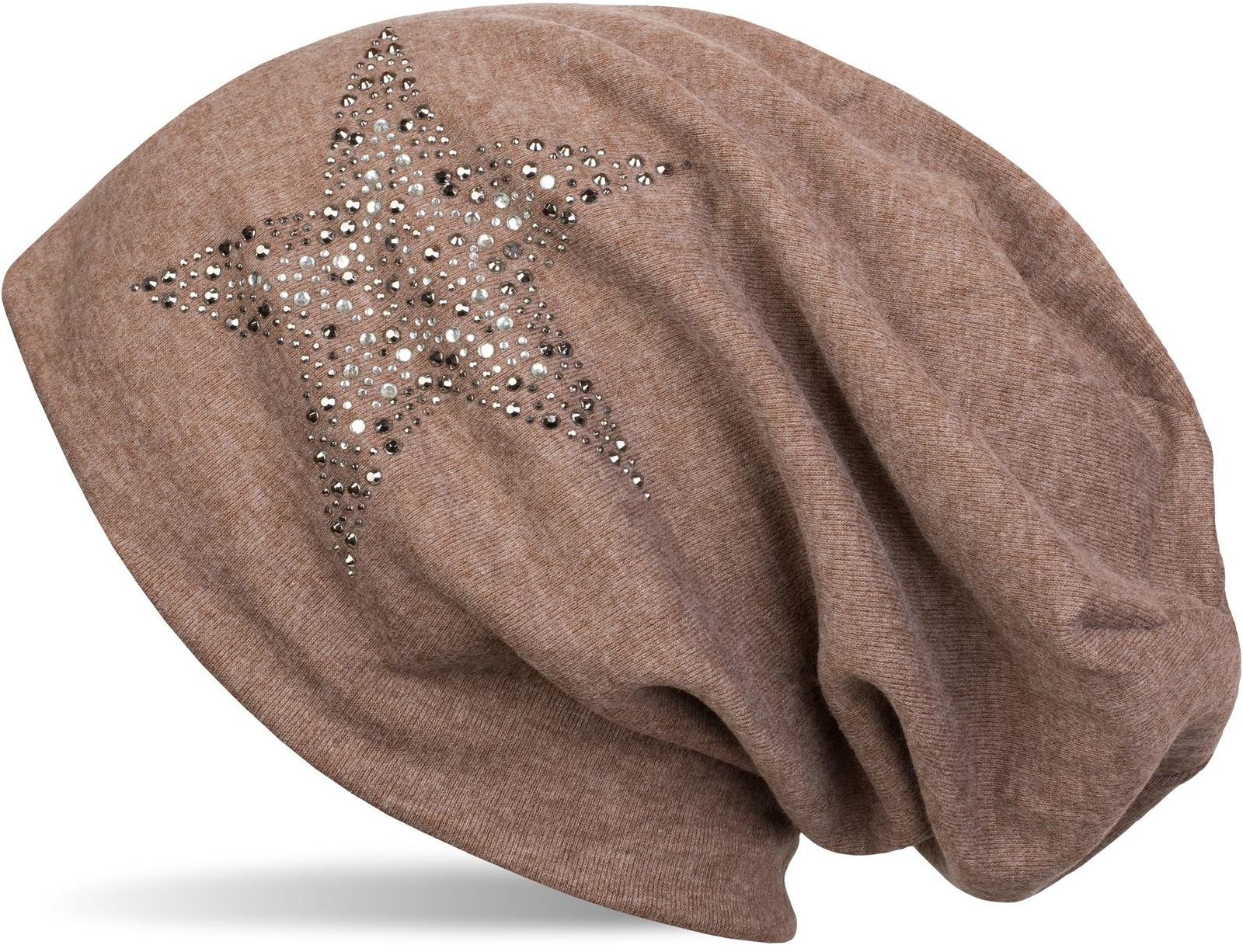 styleBREAKER Beanie (1-St) Beanie Mütze mit Strass Nieten Stern Taupe meliert