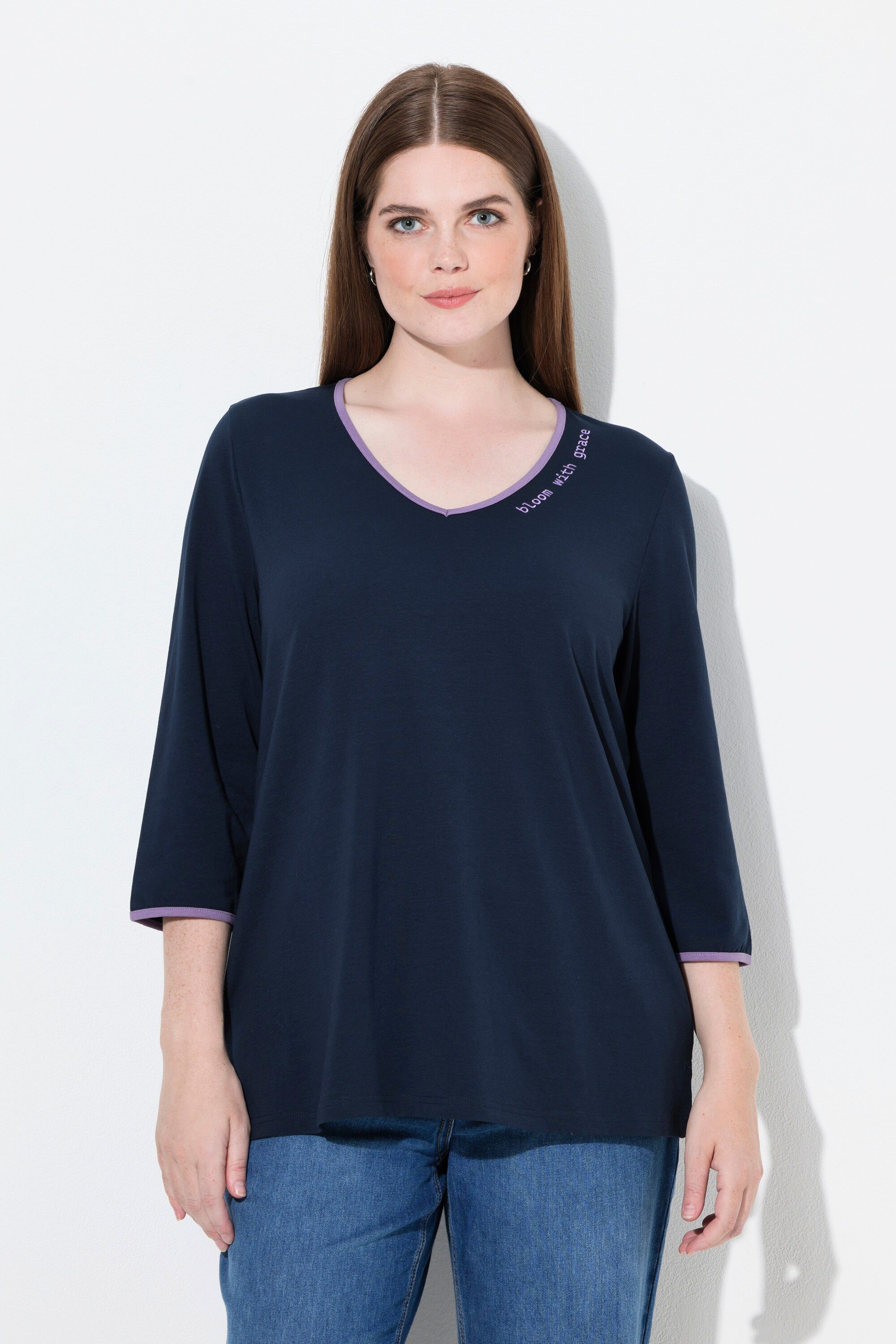 Ulla Popken T-Shirt Shirt Schriftzug V-Ausschnitt 3/4-Arm Biobaumwolle günstig online kaufen
