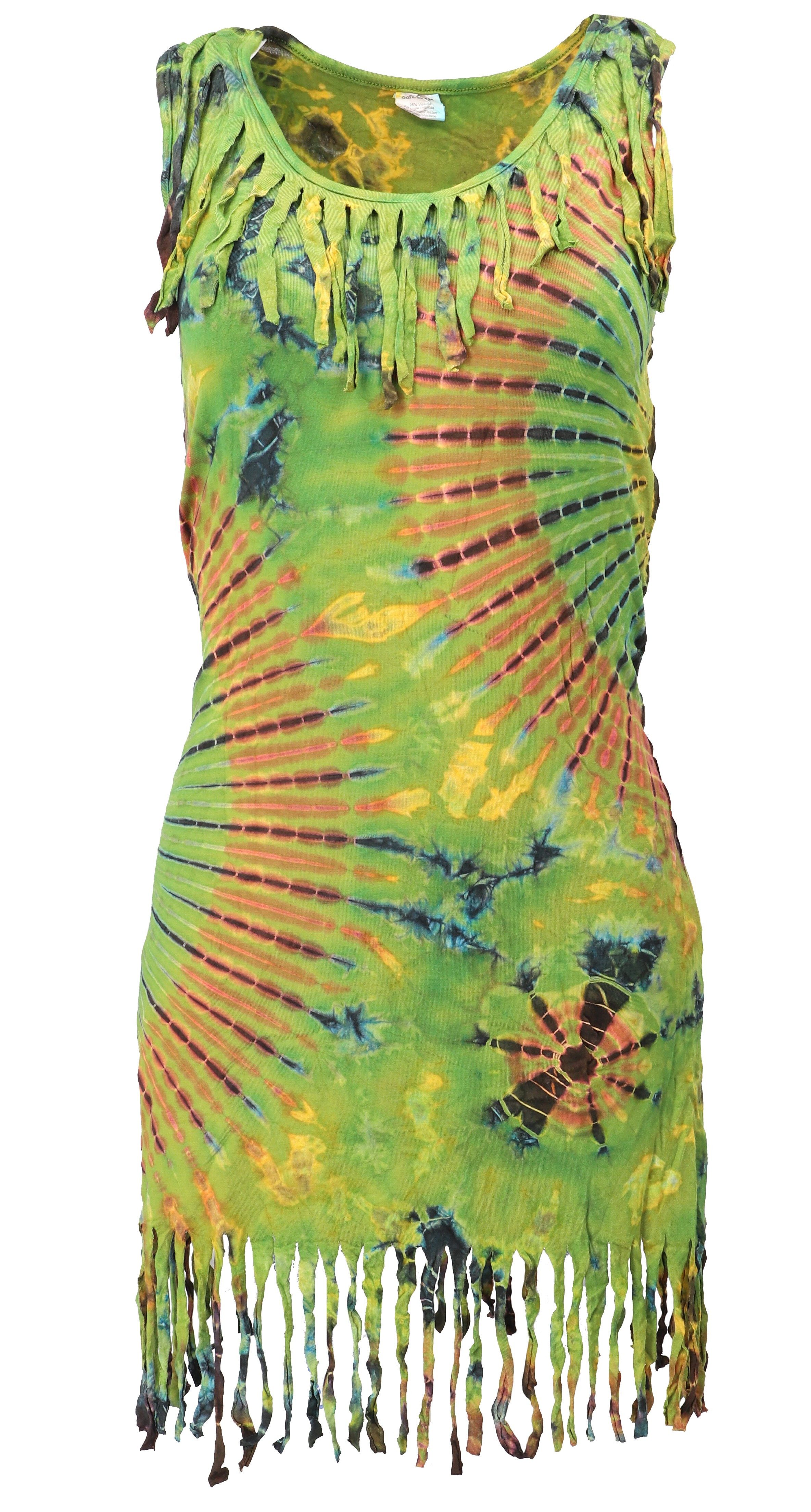 Guru-Shop Midikleid Batik Minikleid, Unikat Boho Fransenkleid - lemon alternative Bekleidung