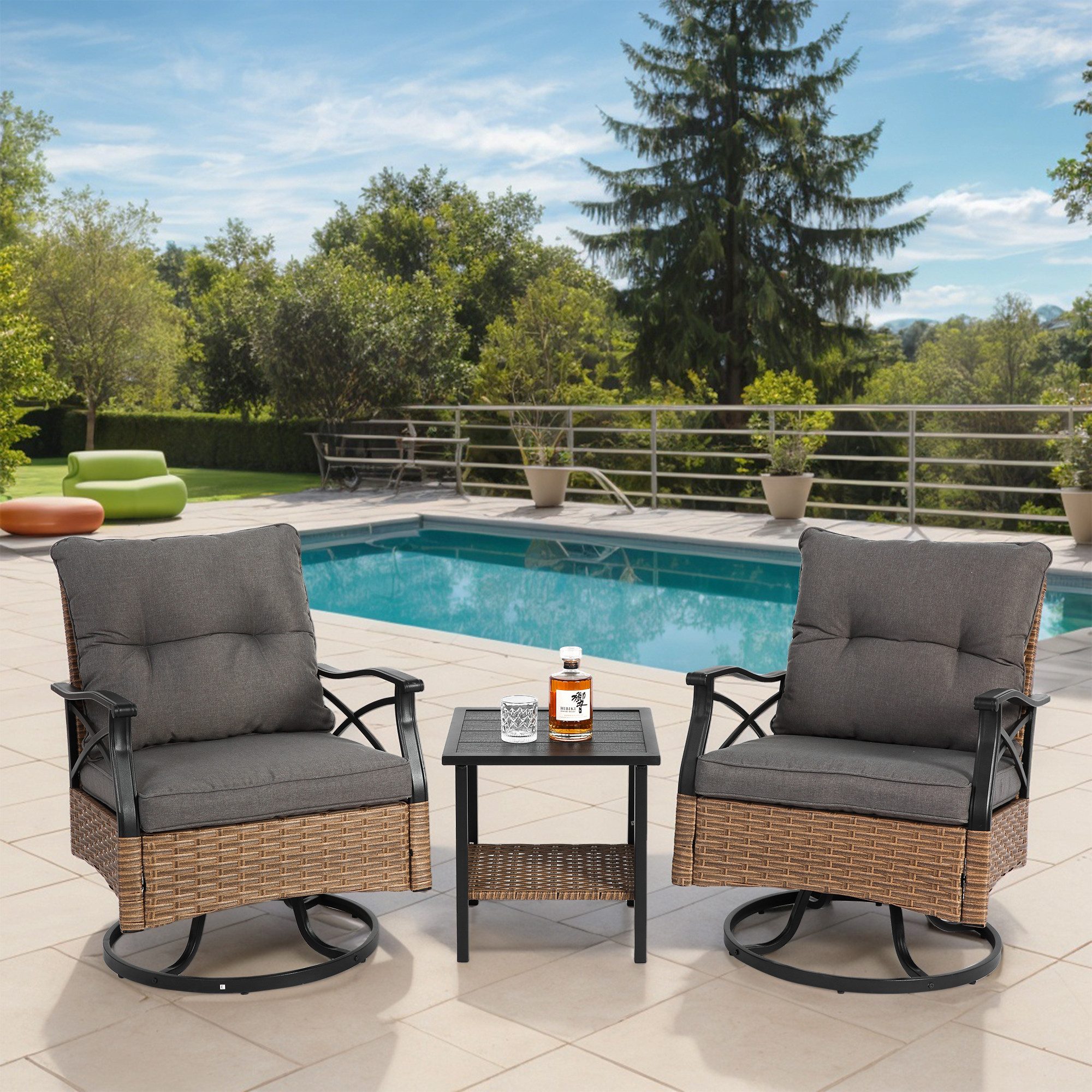 MC Star Gartenlounge-Set Outdoor drehbare Schaukelstühle Set 3 Stück mit 1 Tisch und 2, (Schaukelstühle Unterstützung 350lbs Braun Wicker Outdoor Möbel Patio Gesprächssatz)