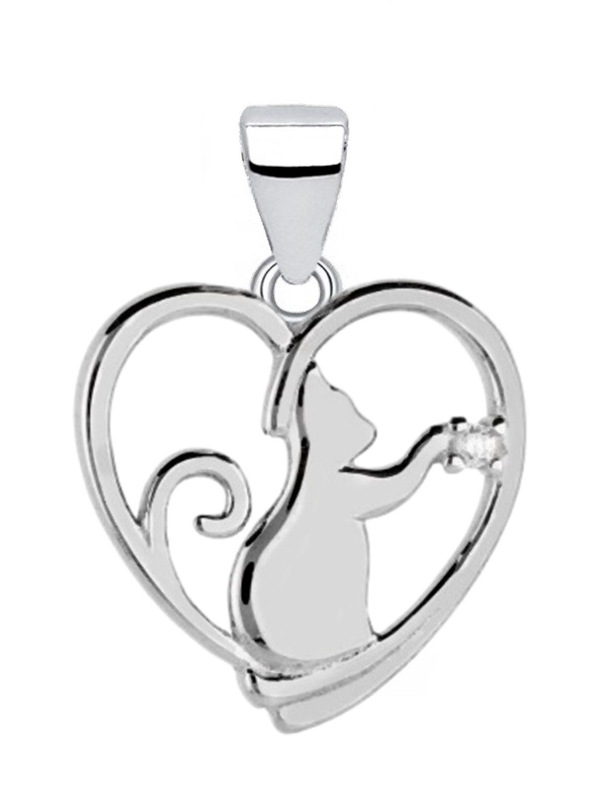 Kettenanhänger Silber Katze Herz Anhänger 925 Sterling Kater Echtschmuck