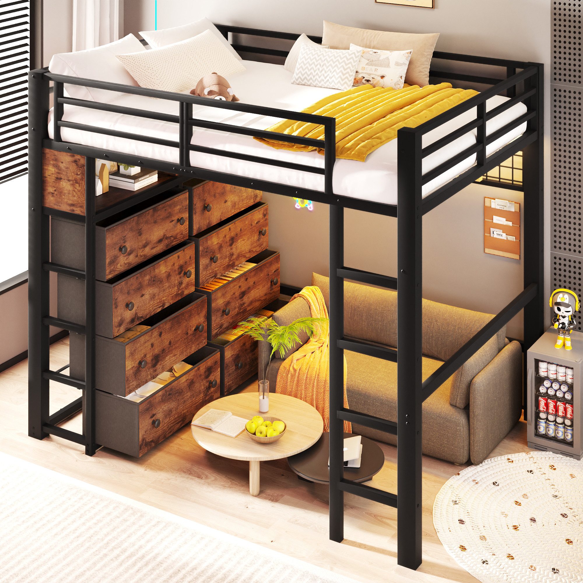 Merax Hochbett 140x200cm mit LED, Jugendbett Kinderbett (1-St) Metallbett mit 8 Schubladen, Regalen, Lochwand, Geländer & Stauraum