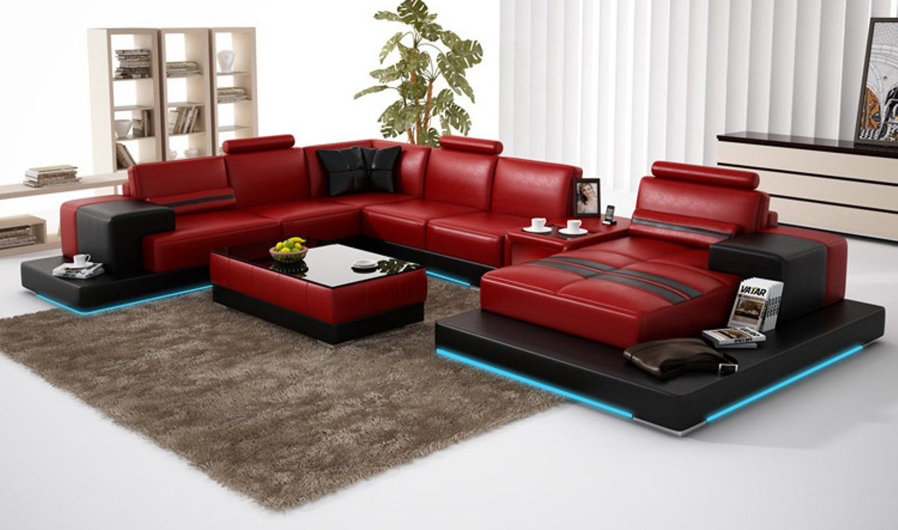 JVmoebel Ecksofa Ledersofa Wohnlandschaft Ecksofa Eck Garnitur Design Modern Sofa+USB Rot/Schwarz
