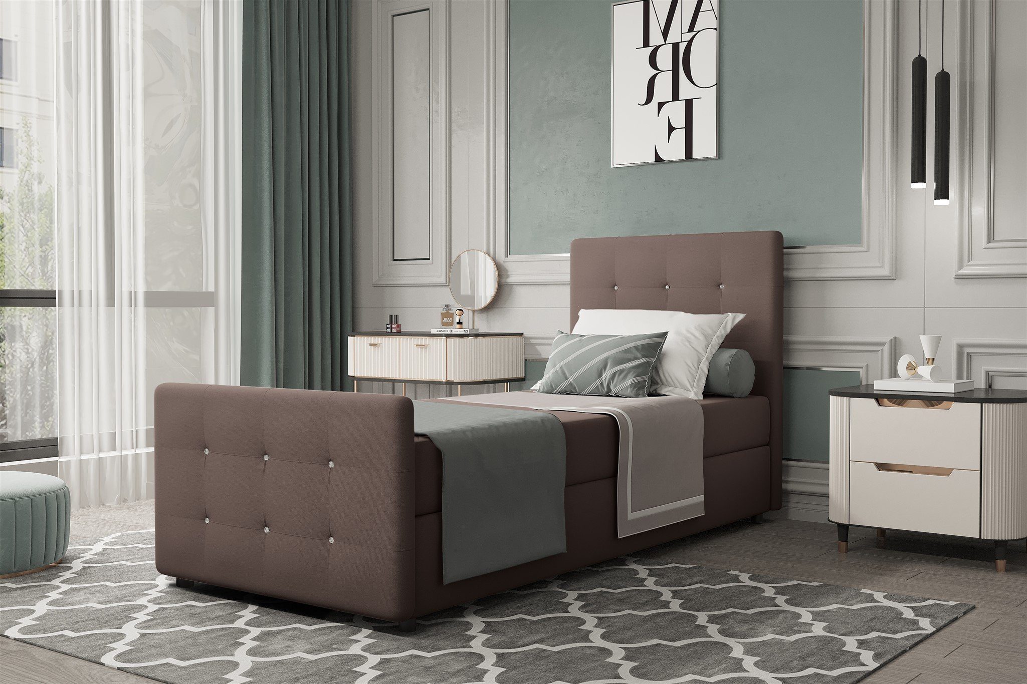 Fun Möbel Boxbett Gästebett MARKOS Überlänge in Stoff Soro (Liegefläche in Stoff und Farbe des Bettes, inkl. Bettkasten ohne Topper), Strasssteine in Kopf- und Fußteil