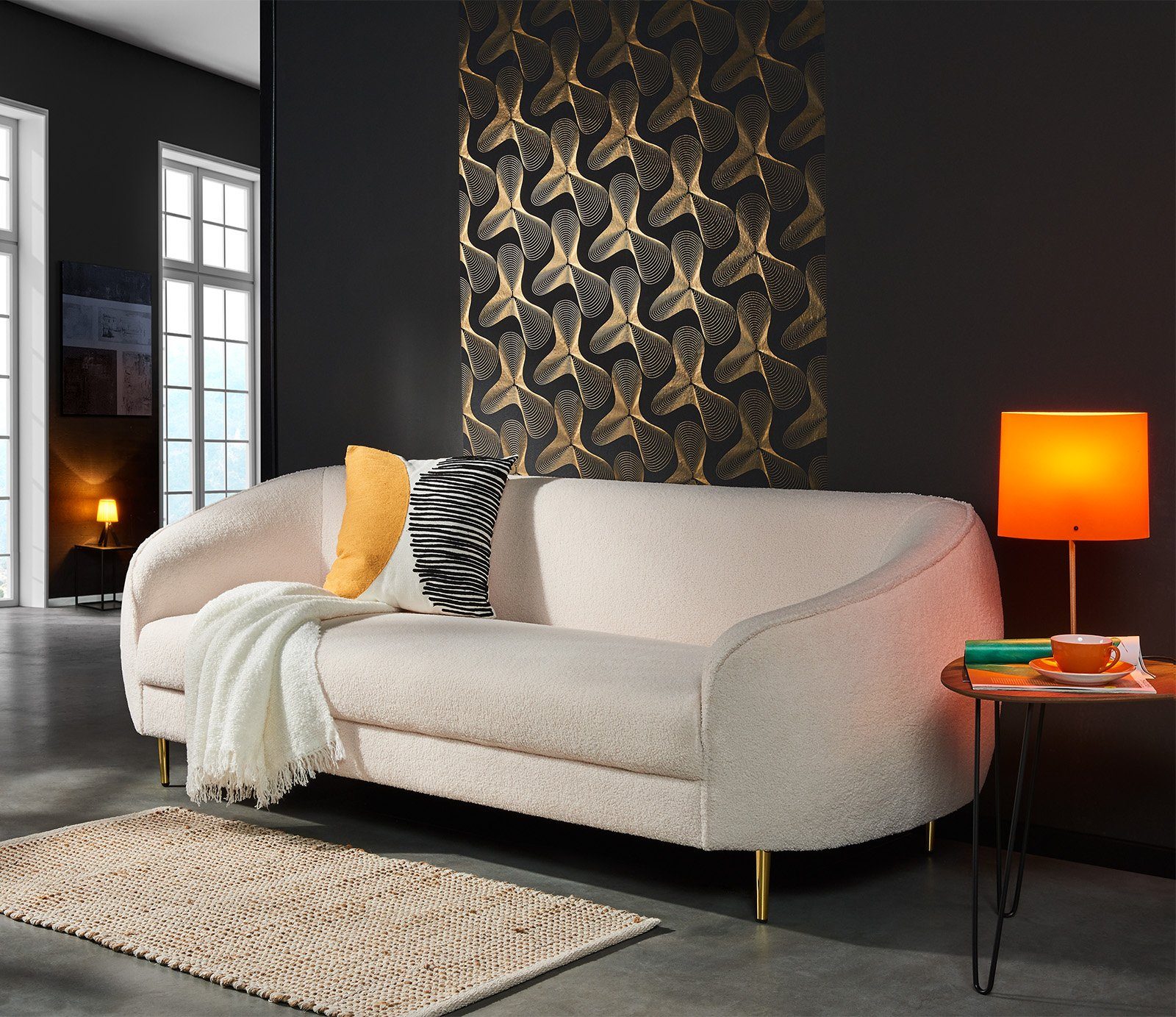 AVANTEX Loungebett, Avantex Plüsch Couch Sofa weicher Plüsch-Bezug goldene  Füße rundes Design Creme